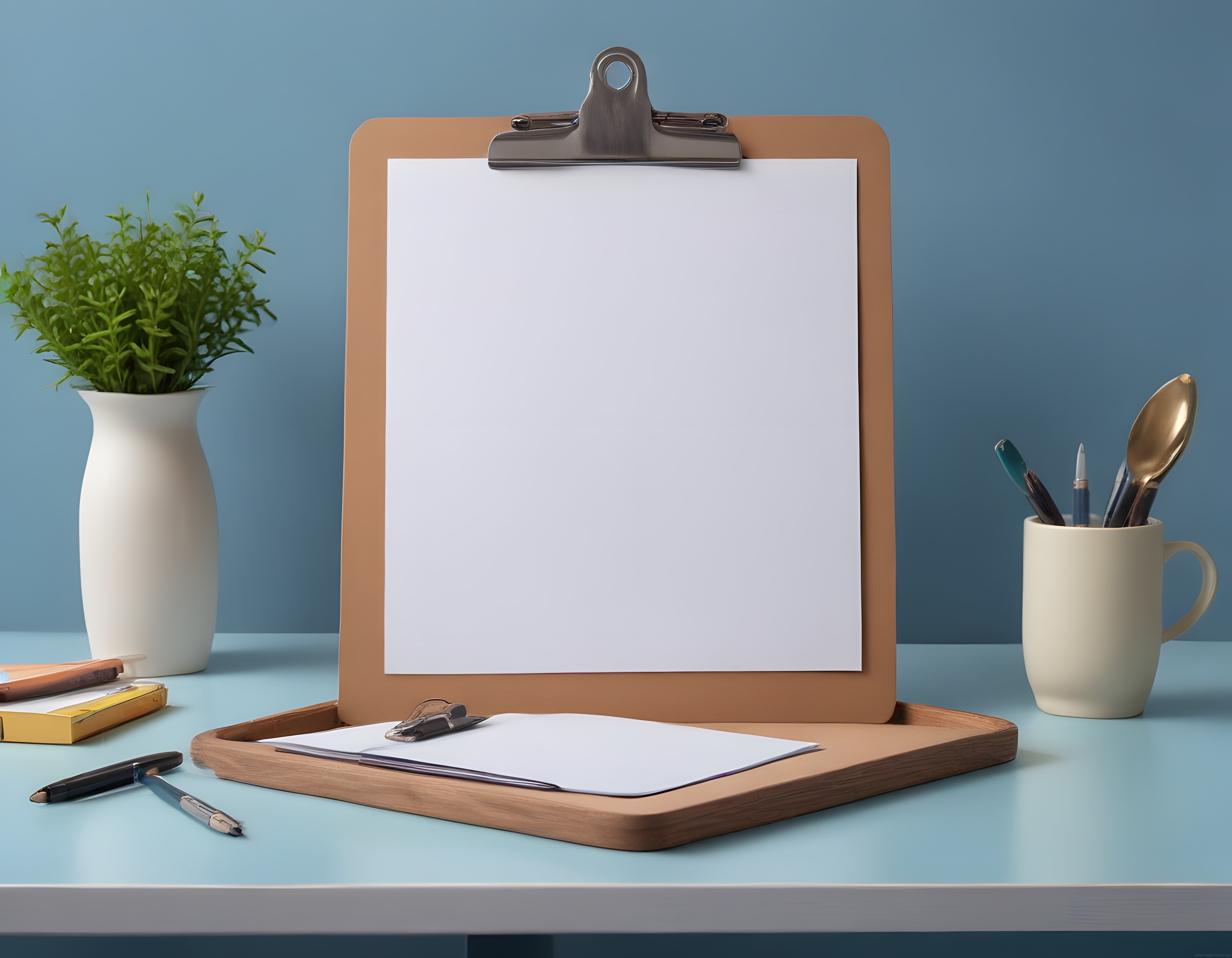 Ahşap panolu minimal ofis masası, kırtasiye ve yeşil bitki ile düzenli kompozisyon