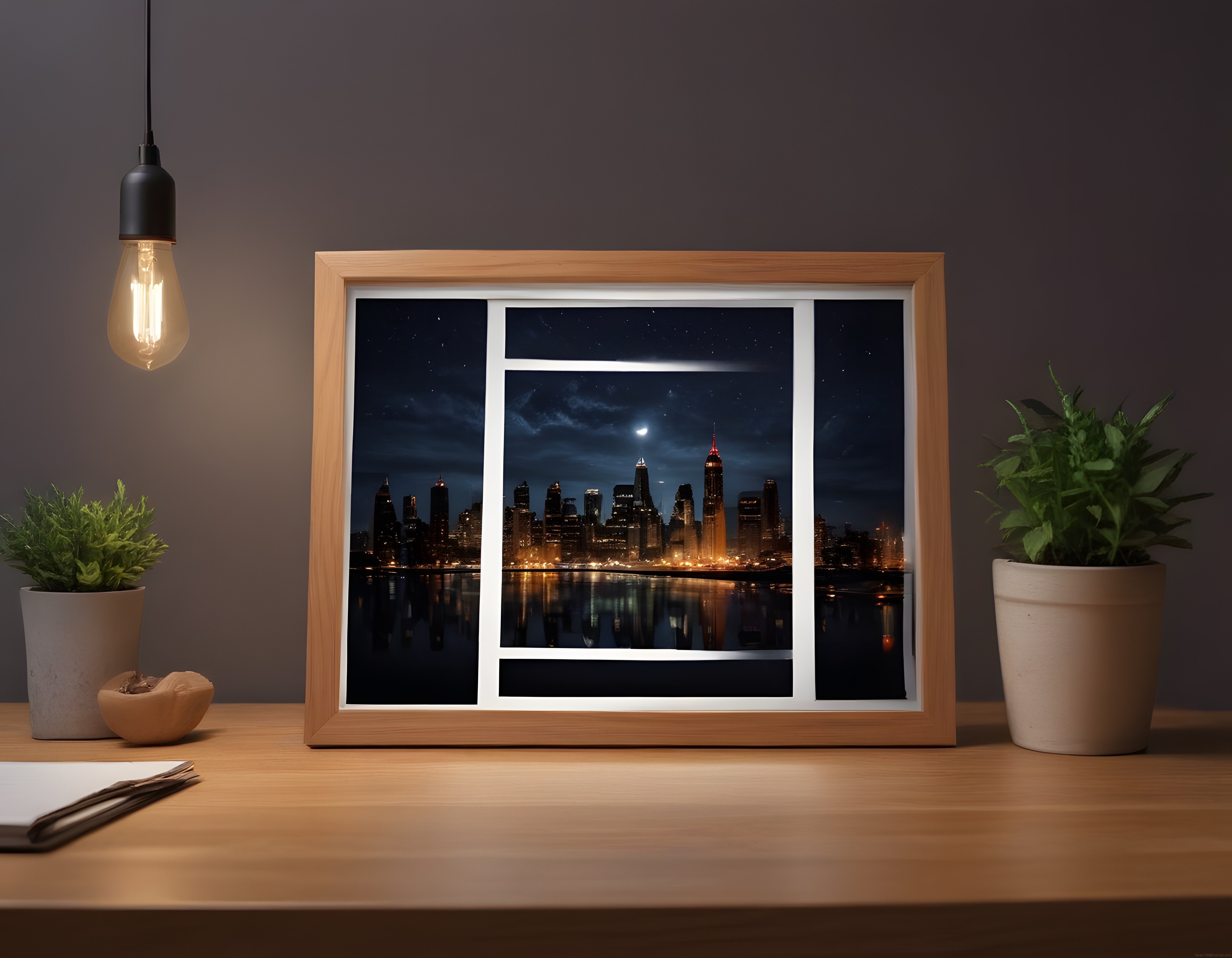 Ahşap pencere çerçevesi içinden izlenen new york gece manzarası ve sıcak oda dekoru