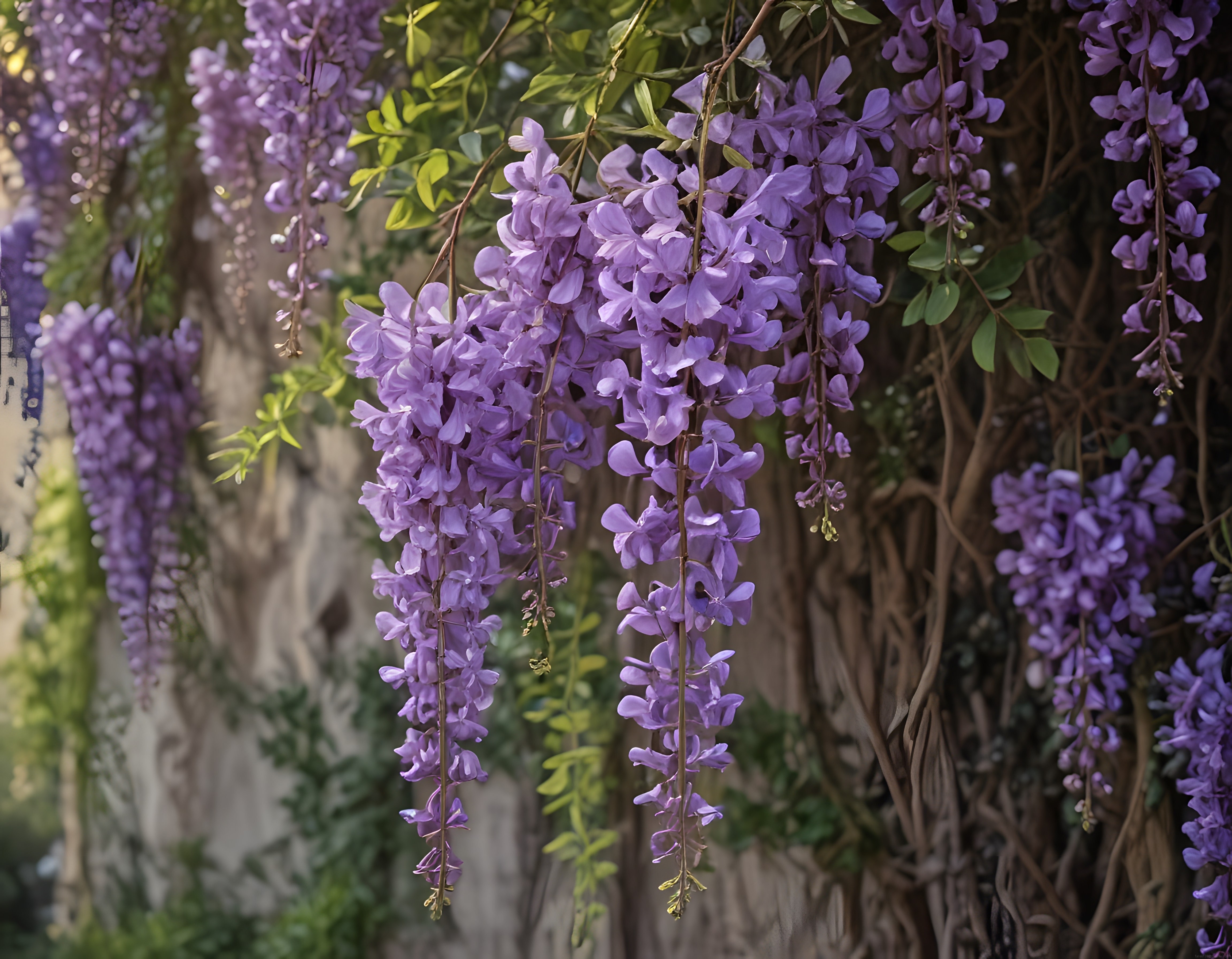 Ahşap Pergola Üzerinde Sarkan Mor Glycine Çiçekleri ile Huzurlu Bahar Manzarası
