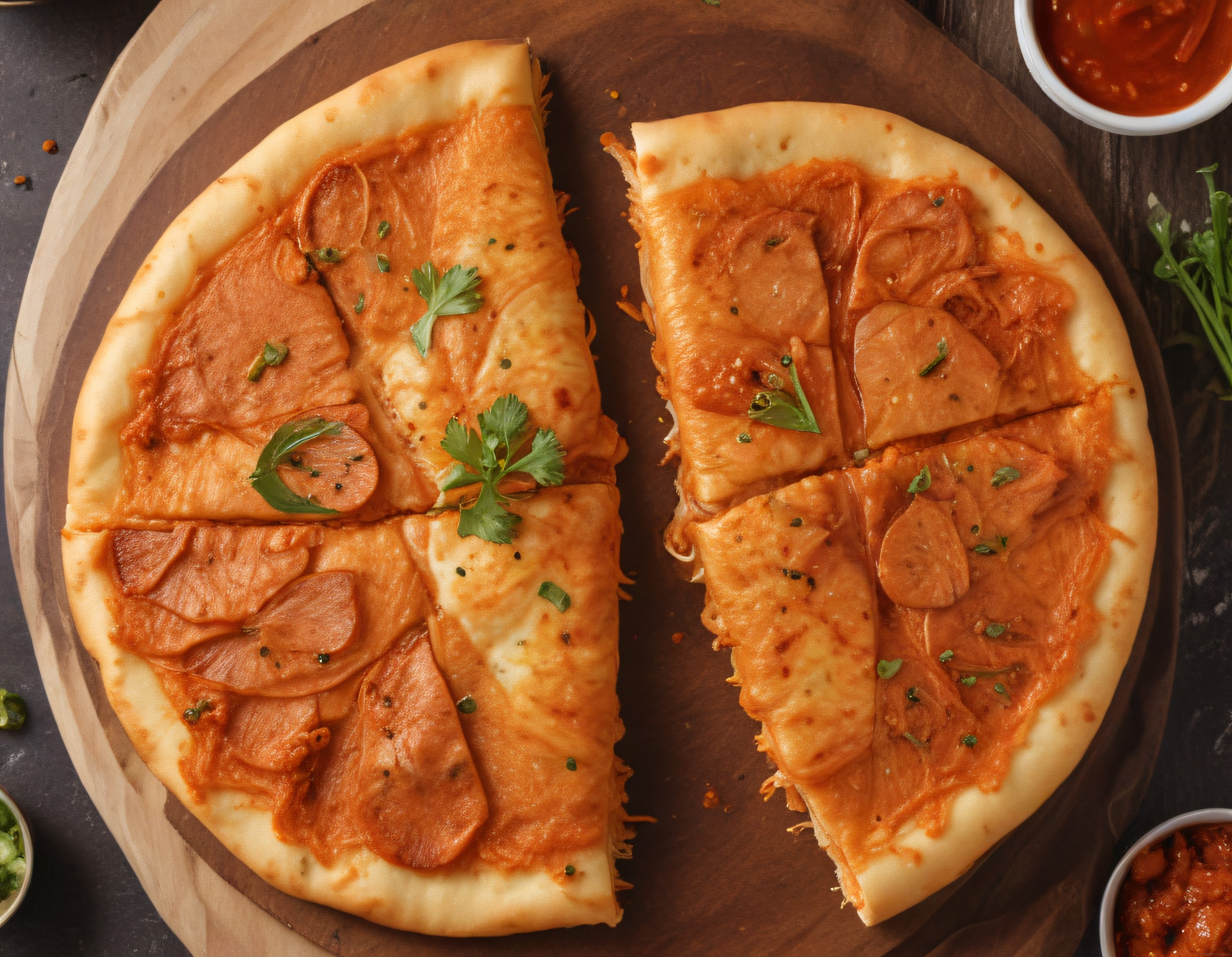 Ahşap Pizza Tahtası Üzerinde Dilimlenmiş Sucuklu Pizza ve Otlar