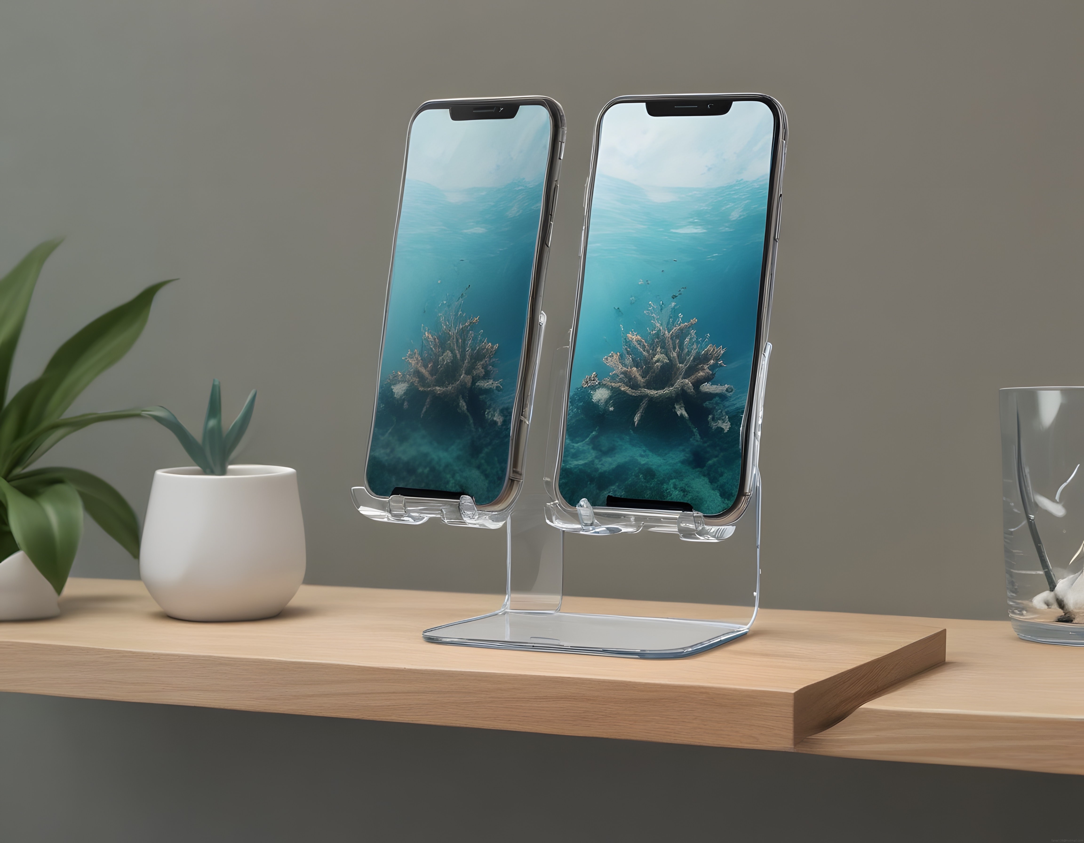 Ahşap Raf Üzerinde Çift Telefonlu Şeffaf Stand ve Su Altı Manzarası