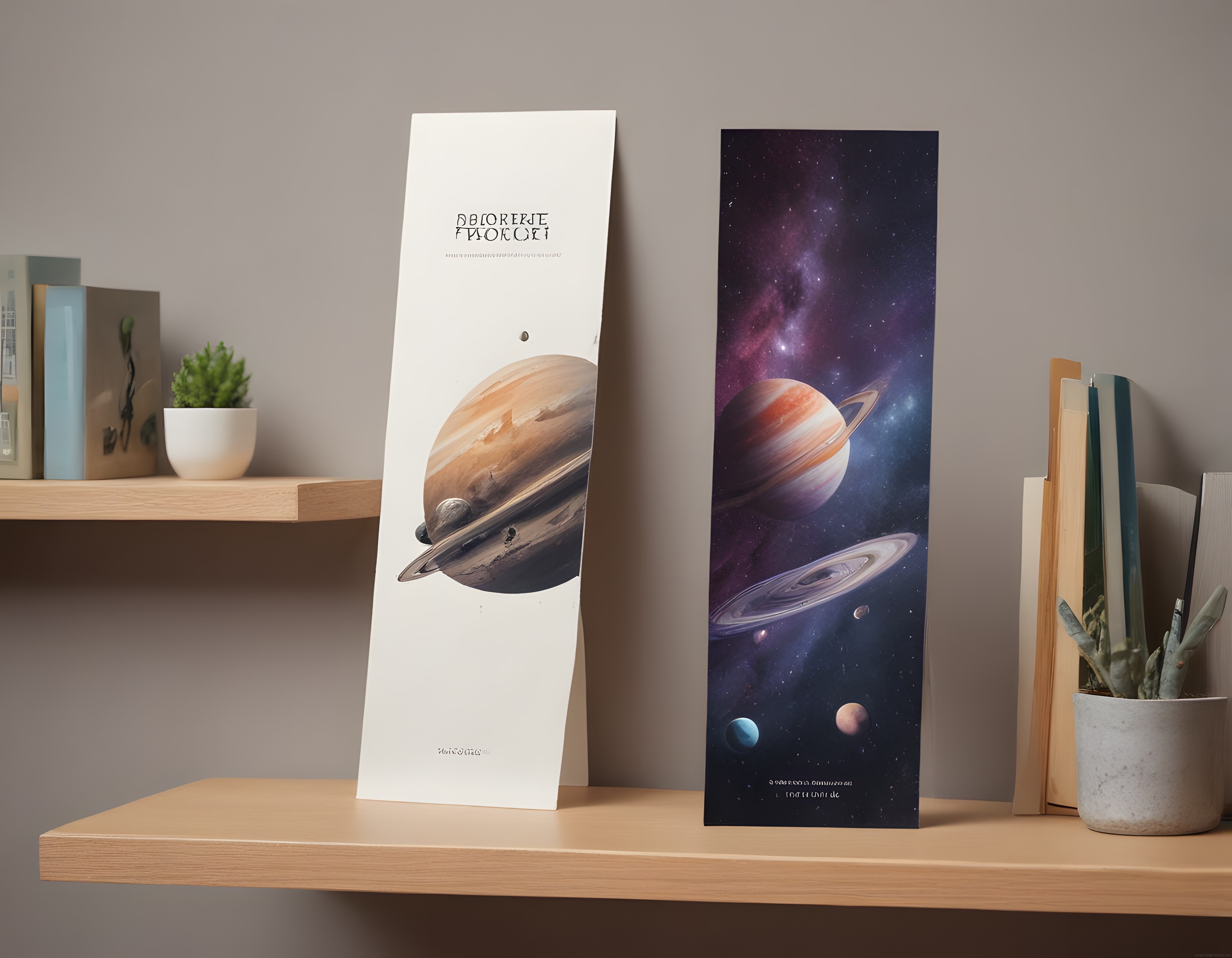 Ahşap Raf Üzerinde Duran Uzay Temalı İki Dikey Poster ve Modern Dekorasyon