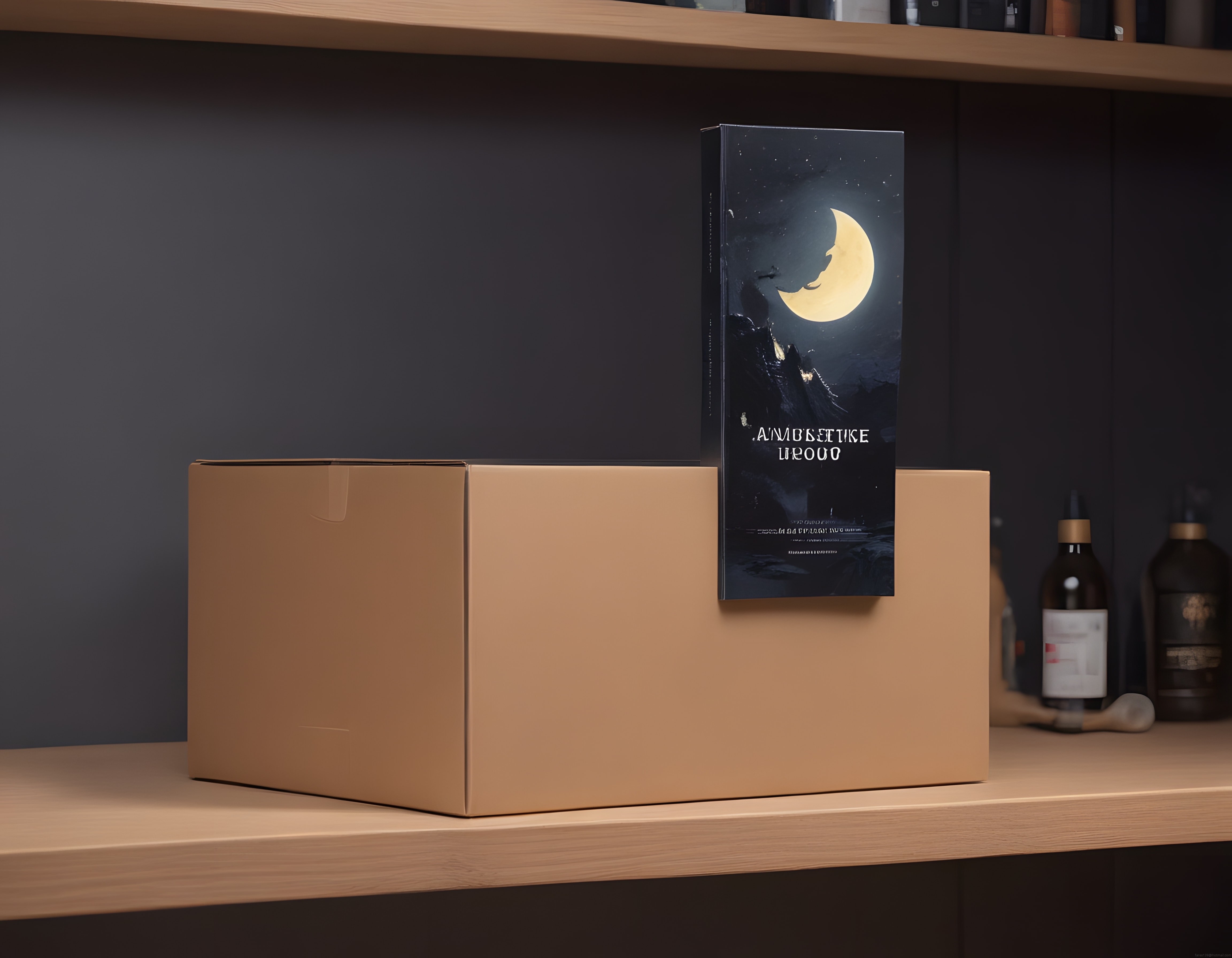 Ahşap Raf Üzerinde Karton Kutu ve Ay Temalı Fantastik Kitap Kapak Tasarımı