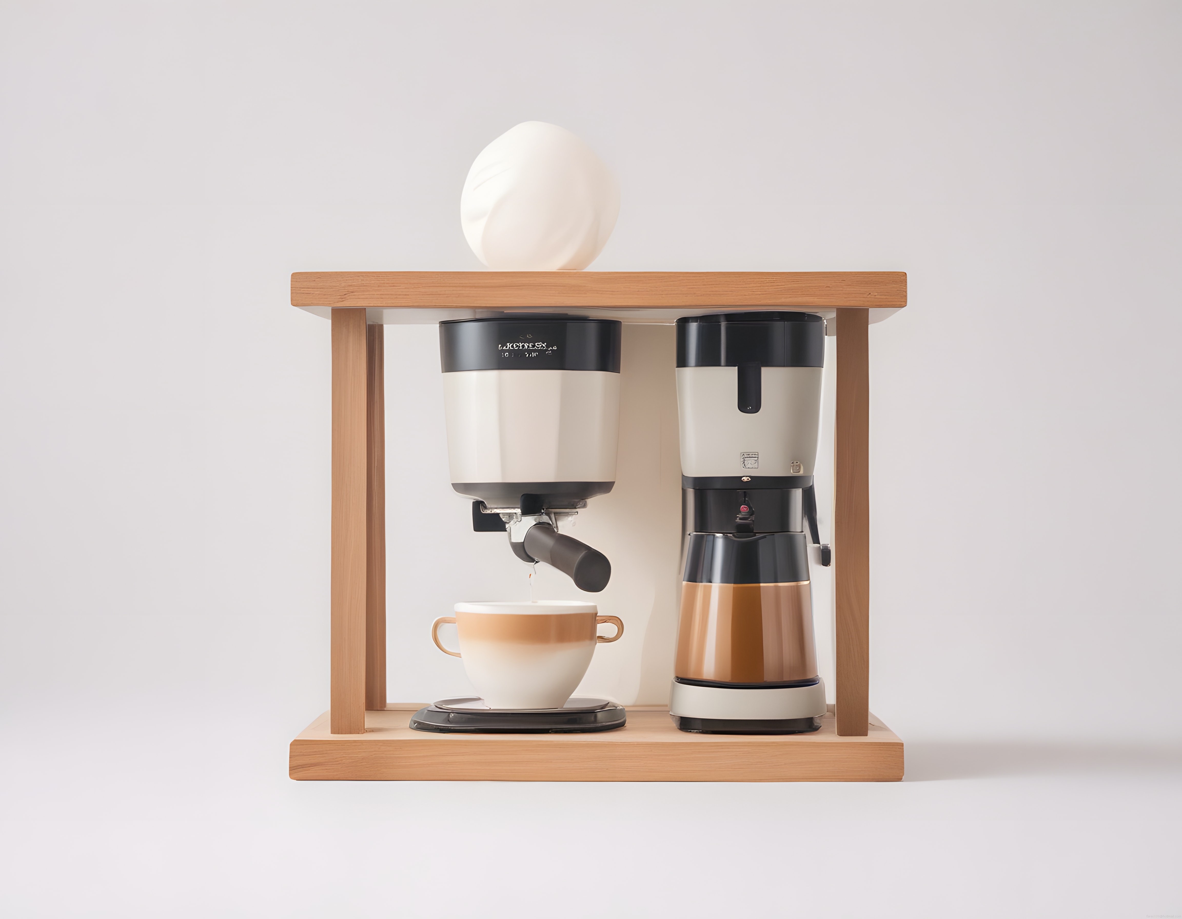 Ahşap raf üzerinde modern kahve makinesi ve damlayan espresso fincanı