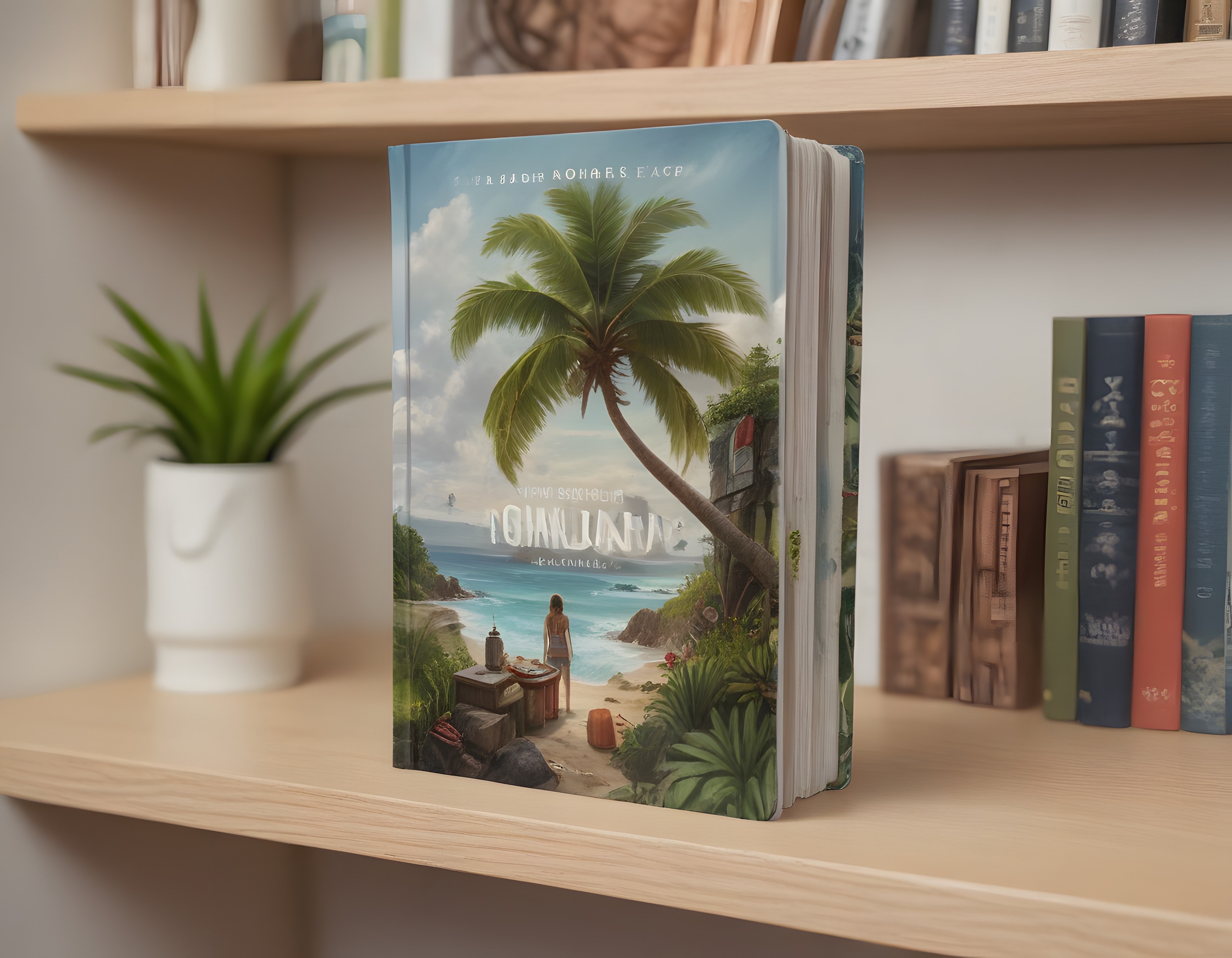 Ahşap Raf Üzerinde Tropikal Plaj İllüstrasyonlu Kitap ve Dekoratif Bitki