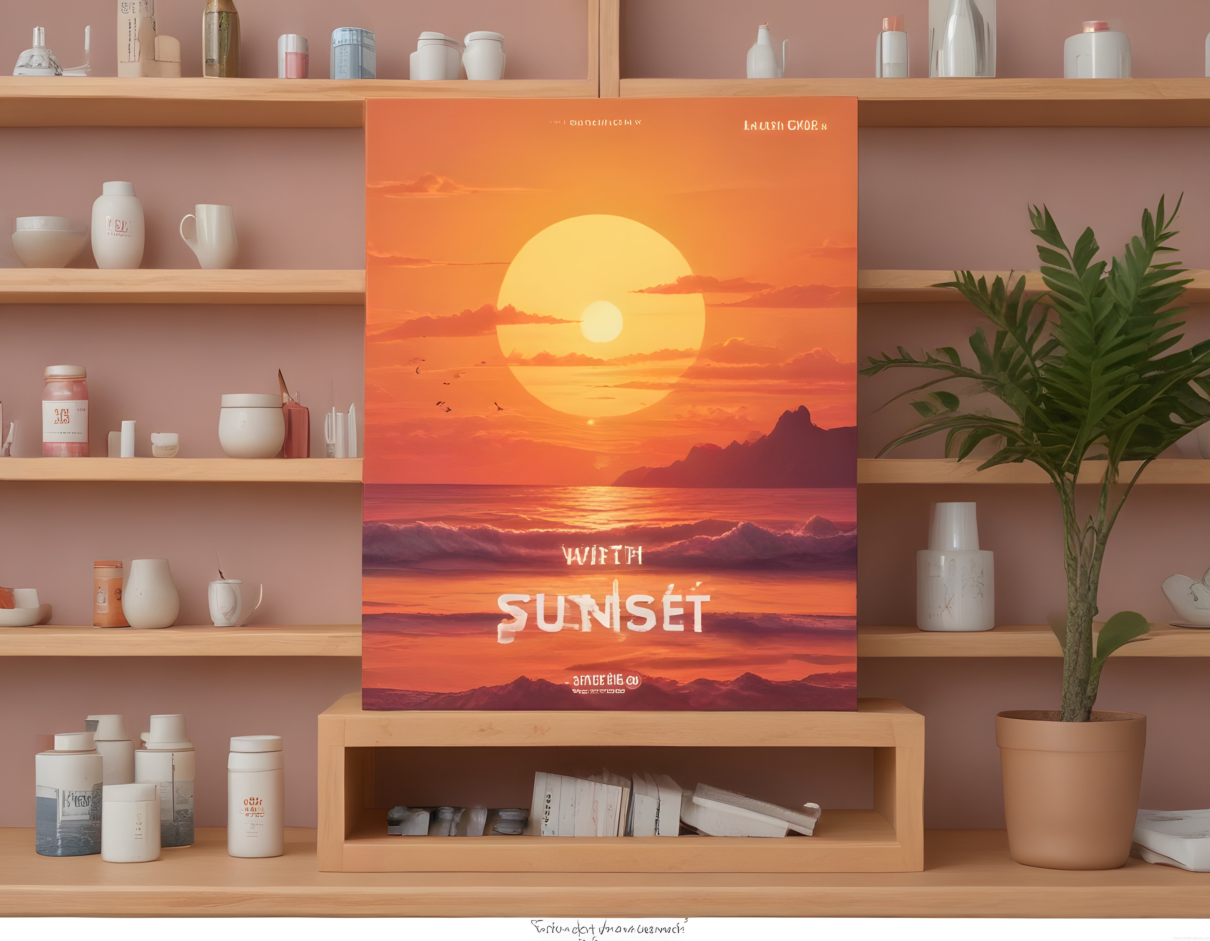 Ahşap raflar arasındaki gün batımı posteri ve minimal seramik dekorasyonu