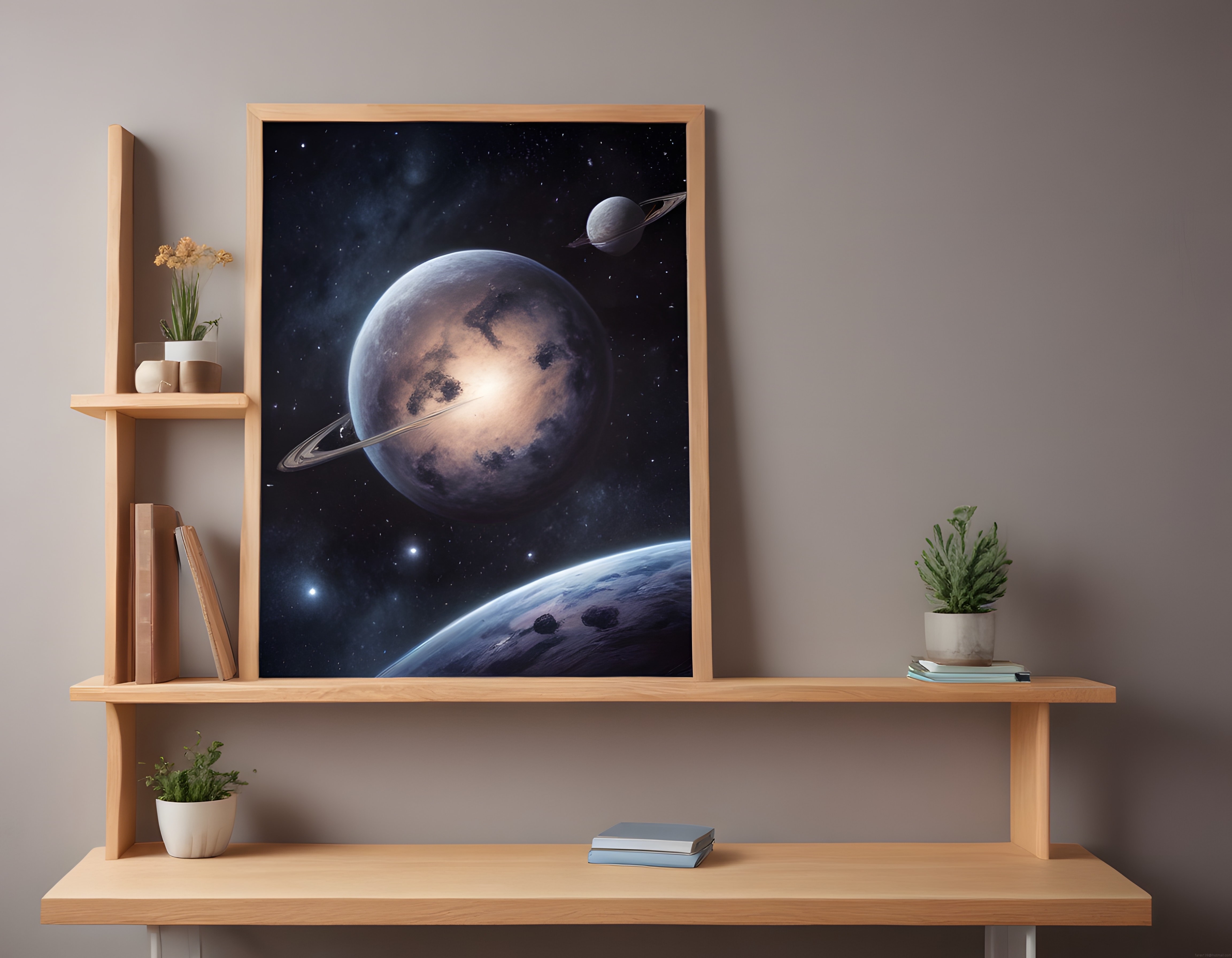 Ahşap Raflar ve Minimalist Dekorasyonla Uzay Temalı Modern Duvar Düzenlemesi
