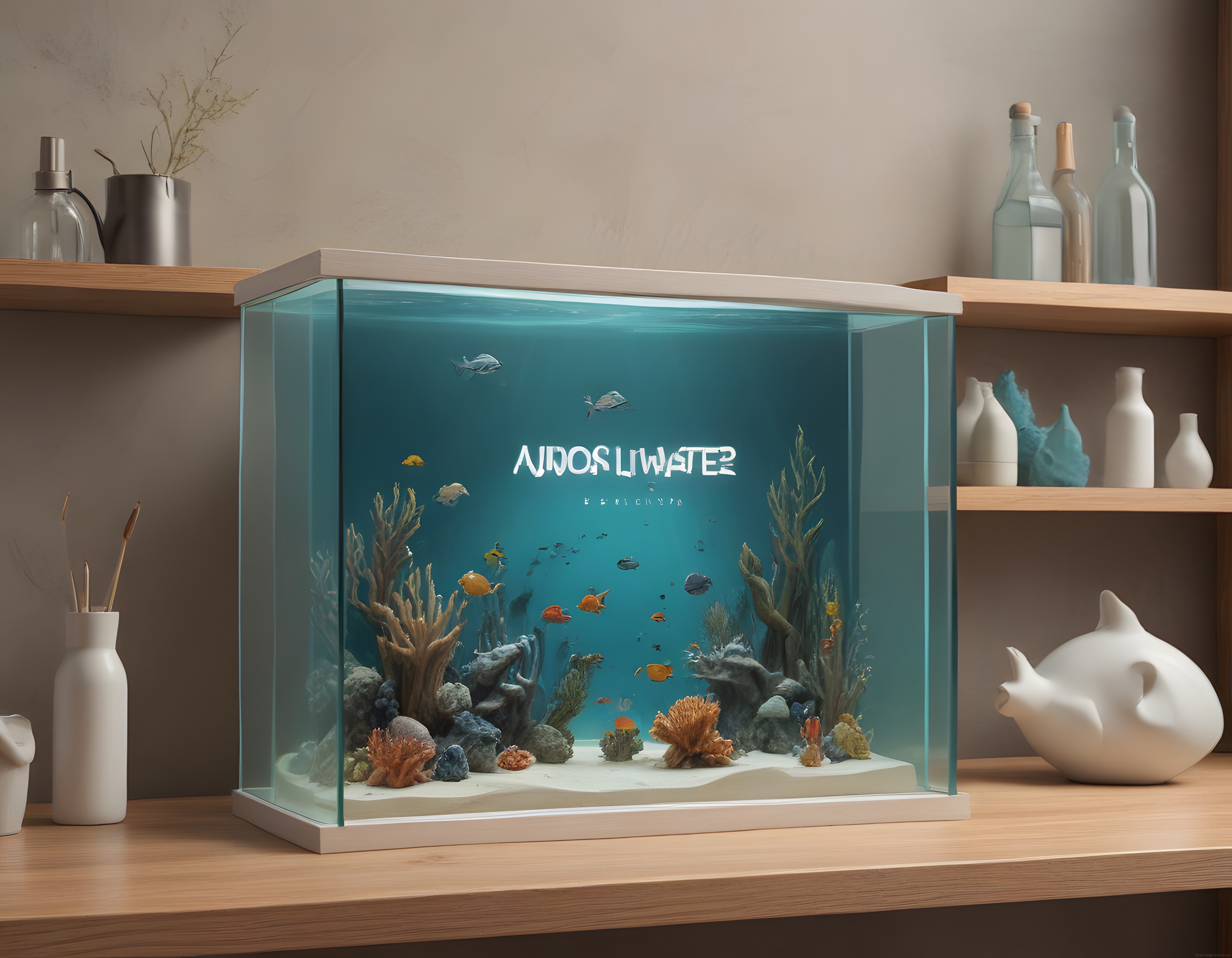 Ahşap Raflar ve Minimalist Vazolar Eşliğinde Renkli Sualtı Akvaryumu