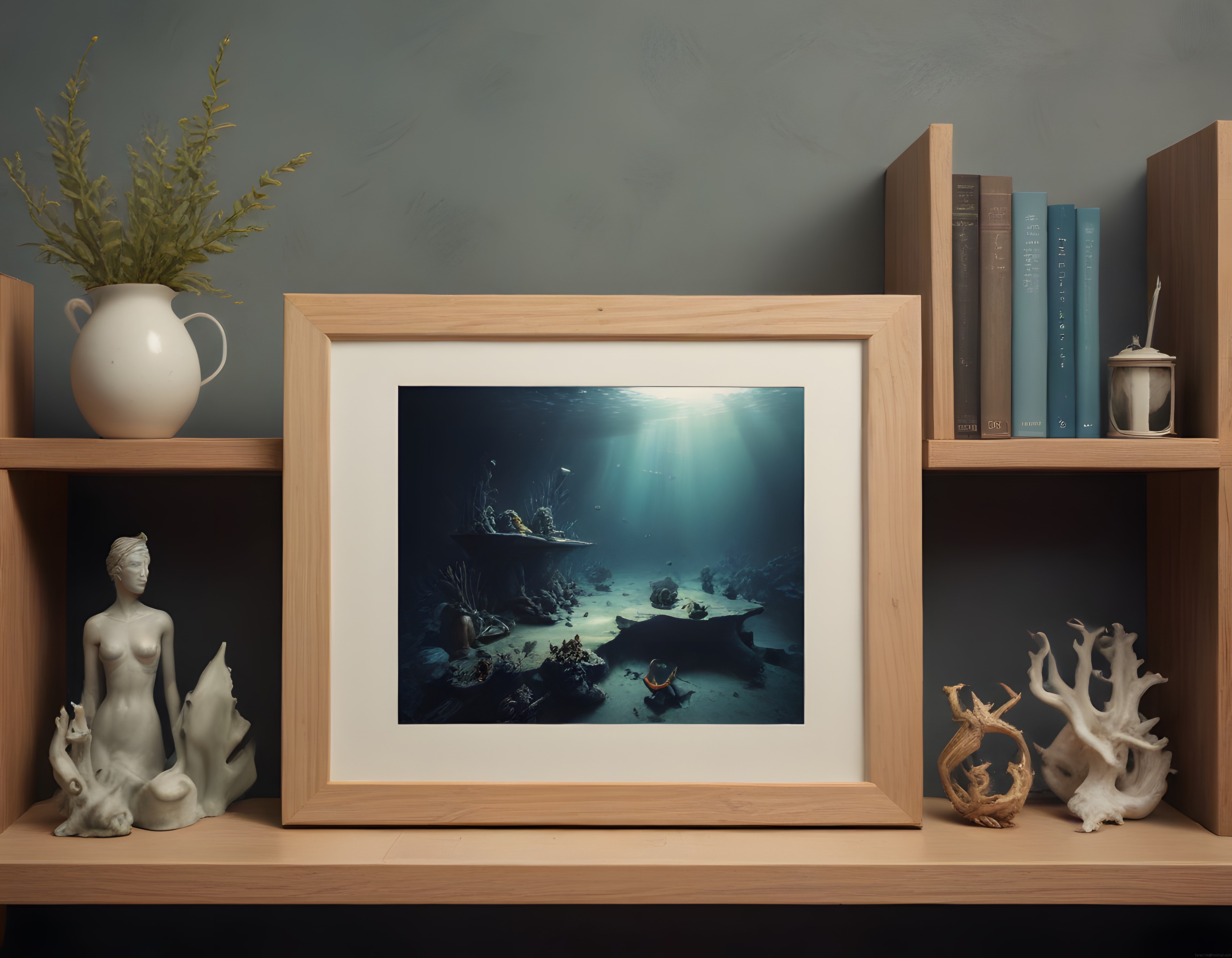 Ahşap Raflarda Çerçeveli Sualtı Fotoğrafı ve Deniz Temalı Ev Dekorasyonu
