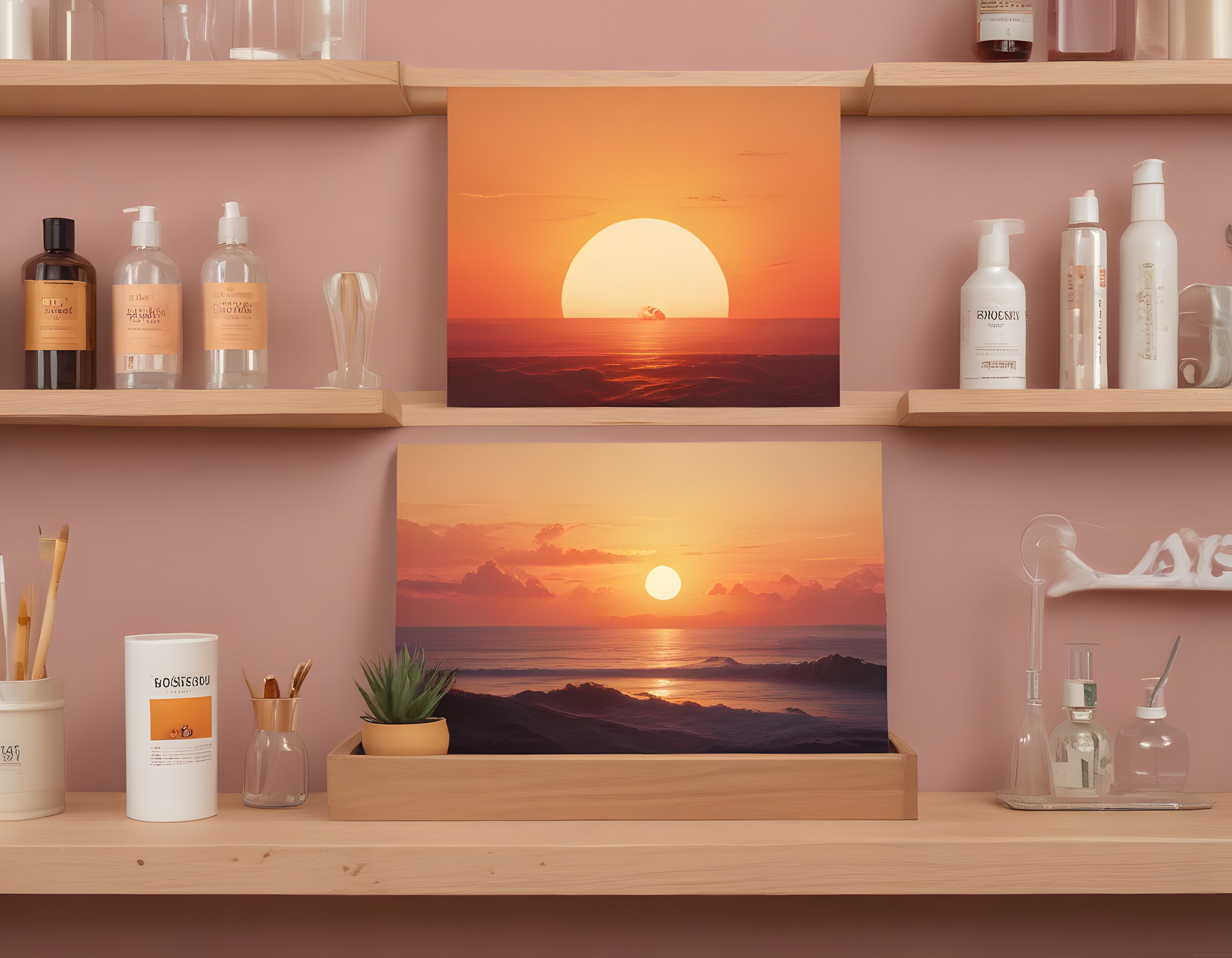 Ahşap Raflarda Gün Batımı Posterleri ve Minimal Banyo Dekorasyonu