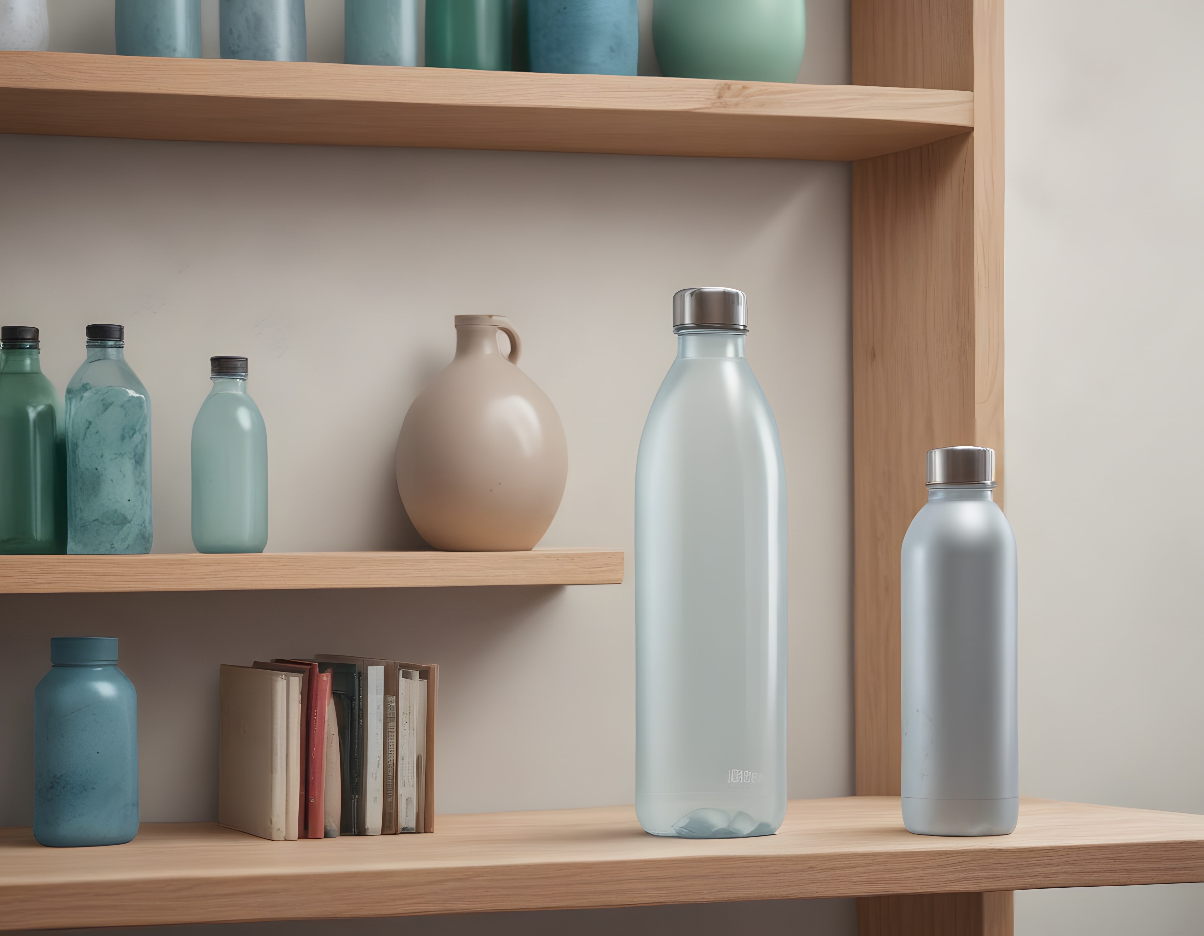 Ahşap Raflarda Minimalist Şişe ve Kitap Düzenlemesi: Sakin İç Mekan Dekorasyonu