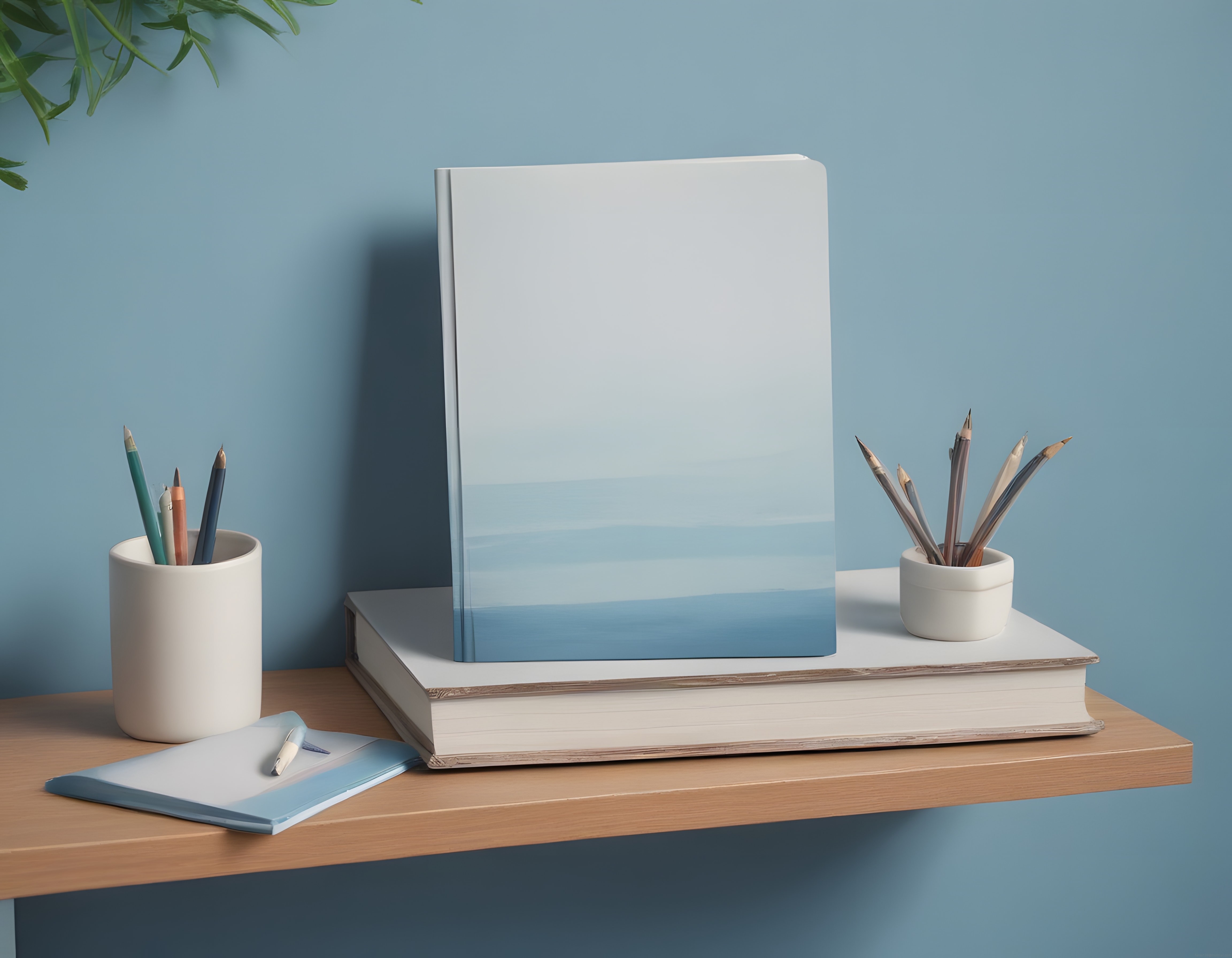 Ahşap Raflarda Pastel Mavi Huzuru: Minimal Çalışma Alanı ve Kitap Düzeni