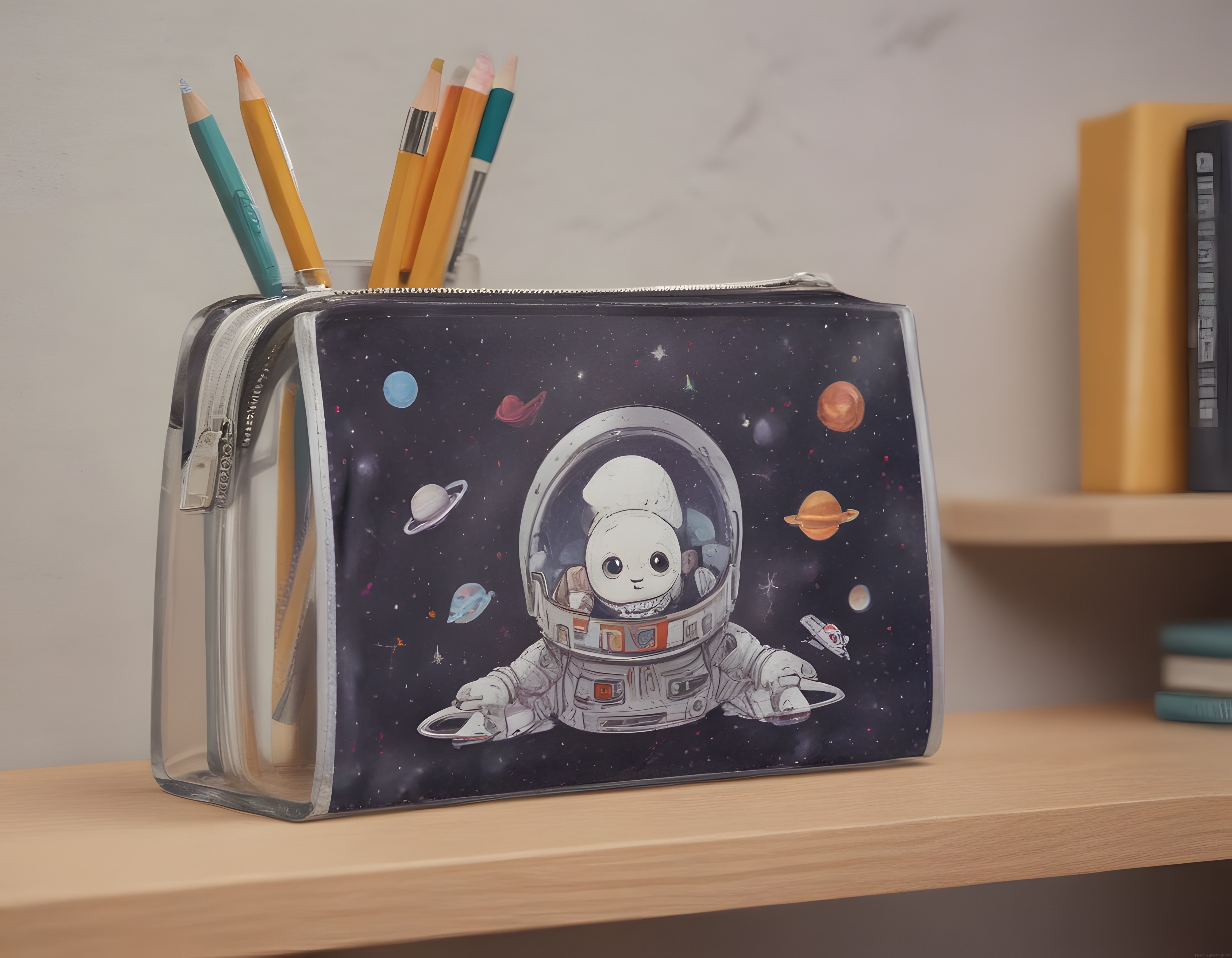 Ahşap Rafta Astronot Tavşan Baskılı Şeffaf Kalemlik ve Kuru Boya Kalemleri