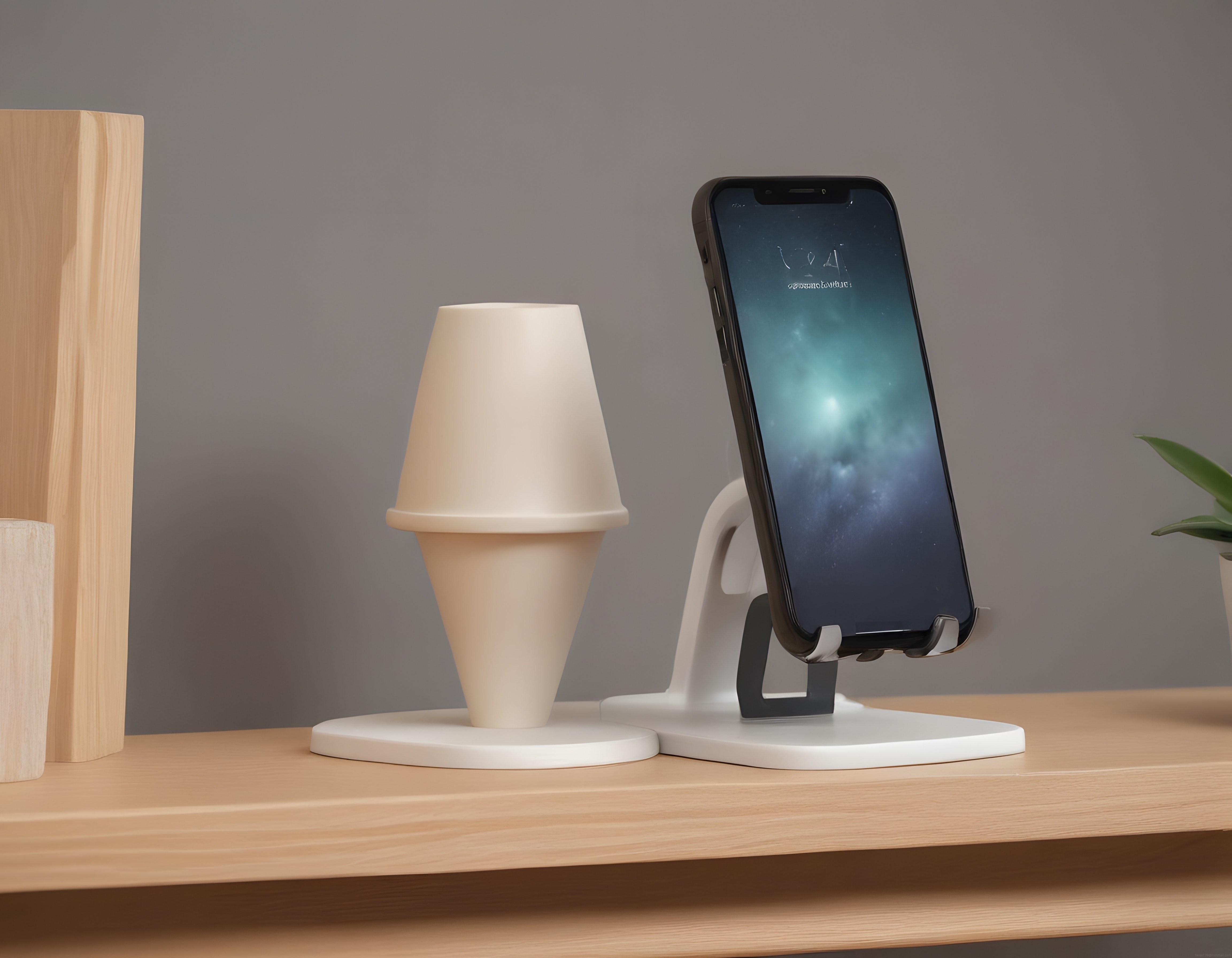 Ahşap Rafta Modern Telefon Tutucu ve Minimal Beyaz Dekoratif Lamba Tasarımı