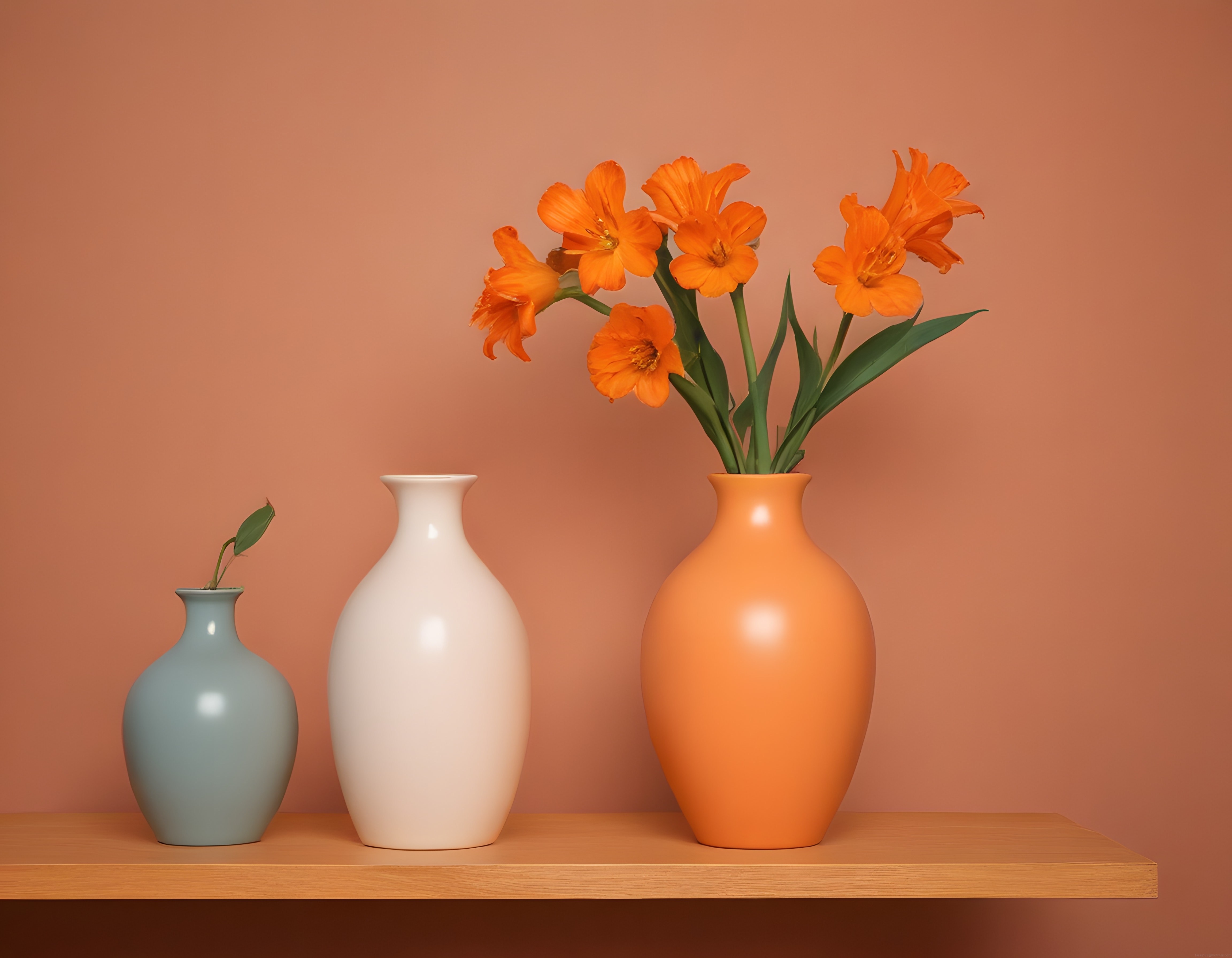 Ahşap Rafta Üç Vazo ve Turuncu Çiçeklerle Minimalist Dekoratif Kompozisyon