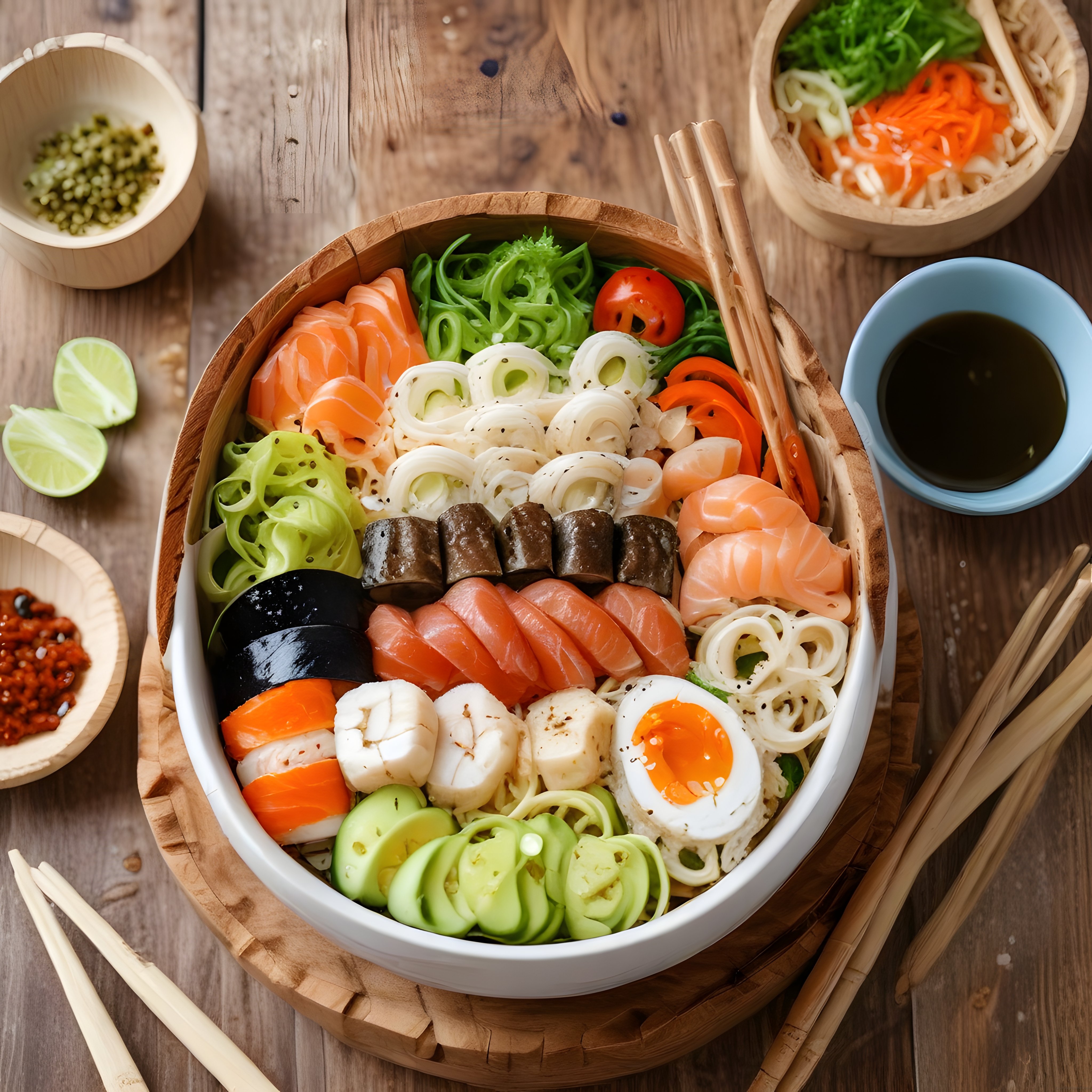 Ahşap rustik masada renkli somonlu poke bowl ve taze sushi malzemeleri