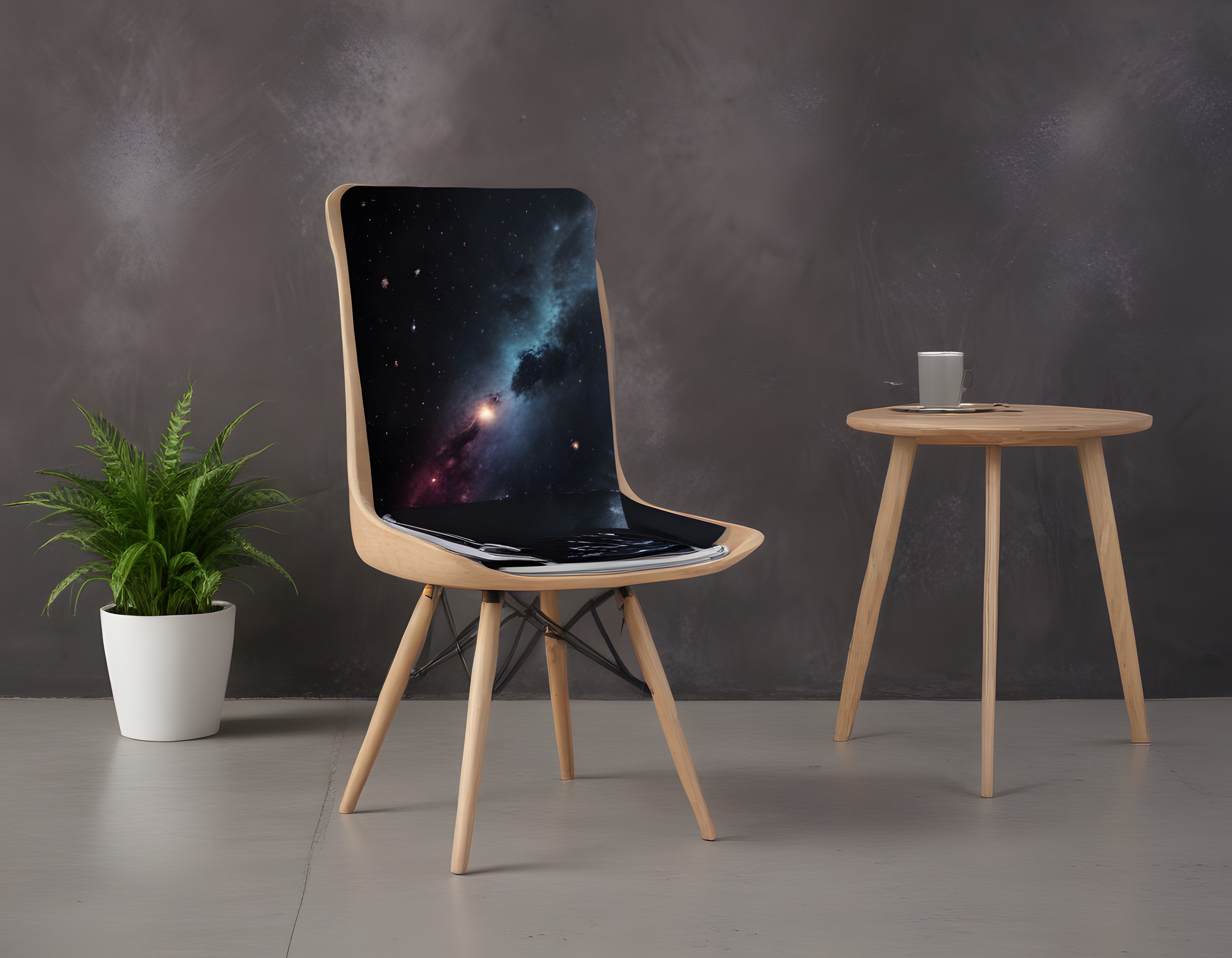 Ahşap Sandalye Üzerinde Nebula Baskısı ve Modern Salon Dekorasyonu