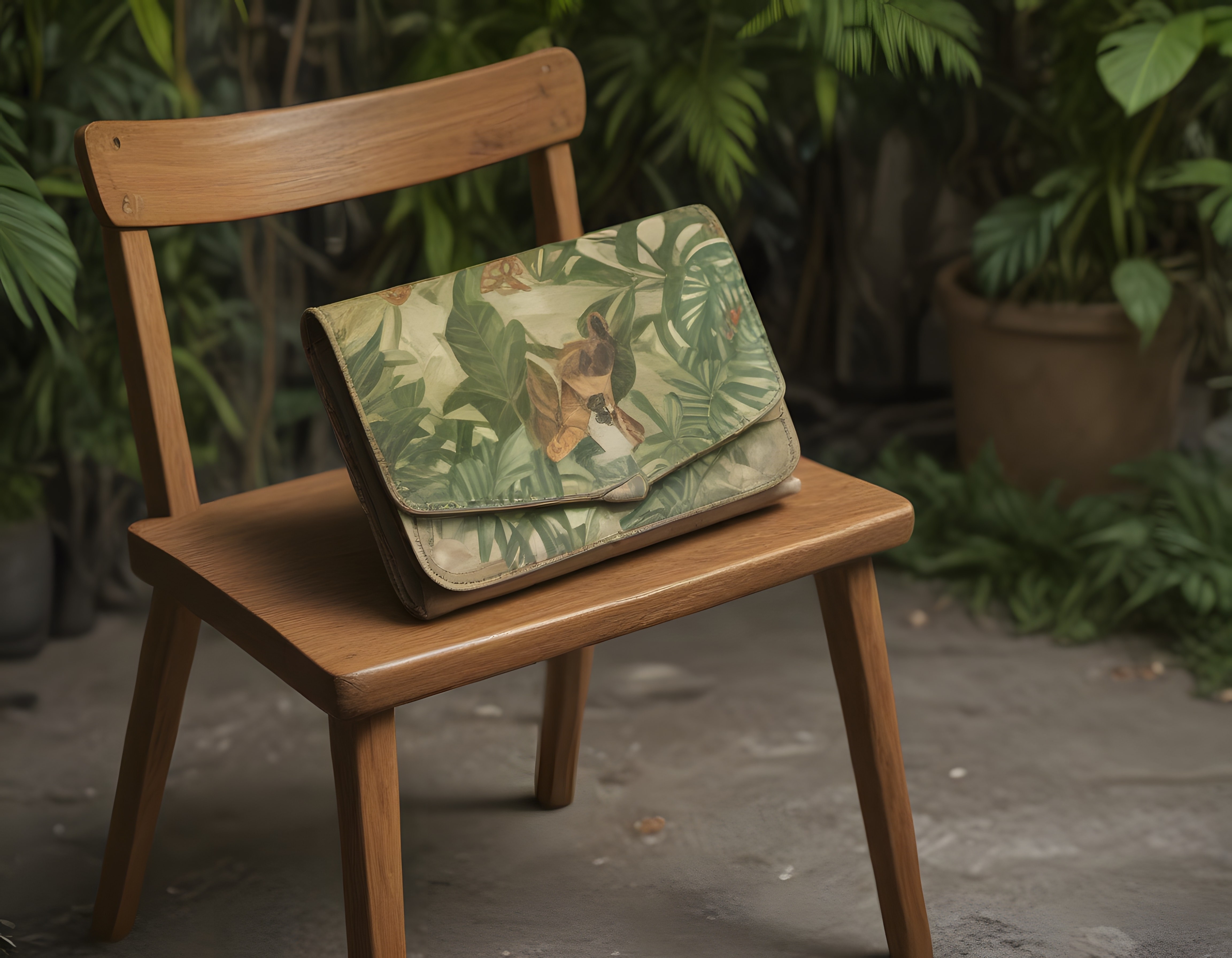 Ahşap Sandalye Üzerinde Tropikal Desenli Clutch Çanta Ürün Görseli