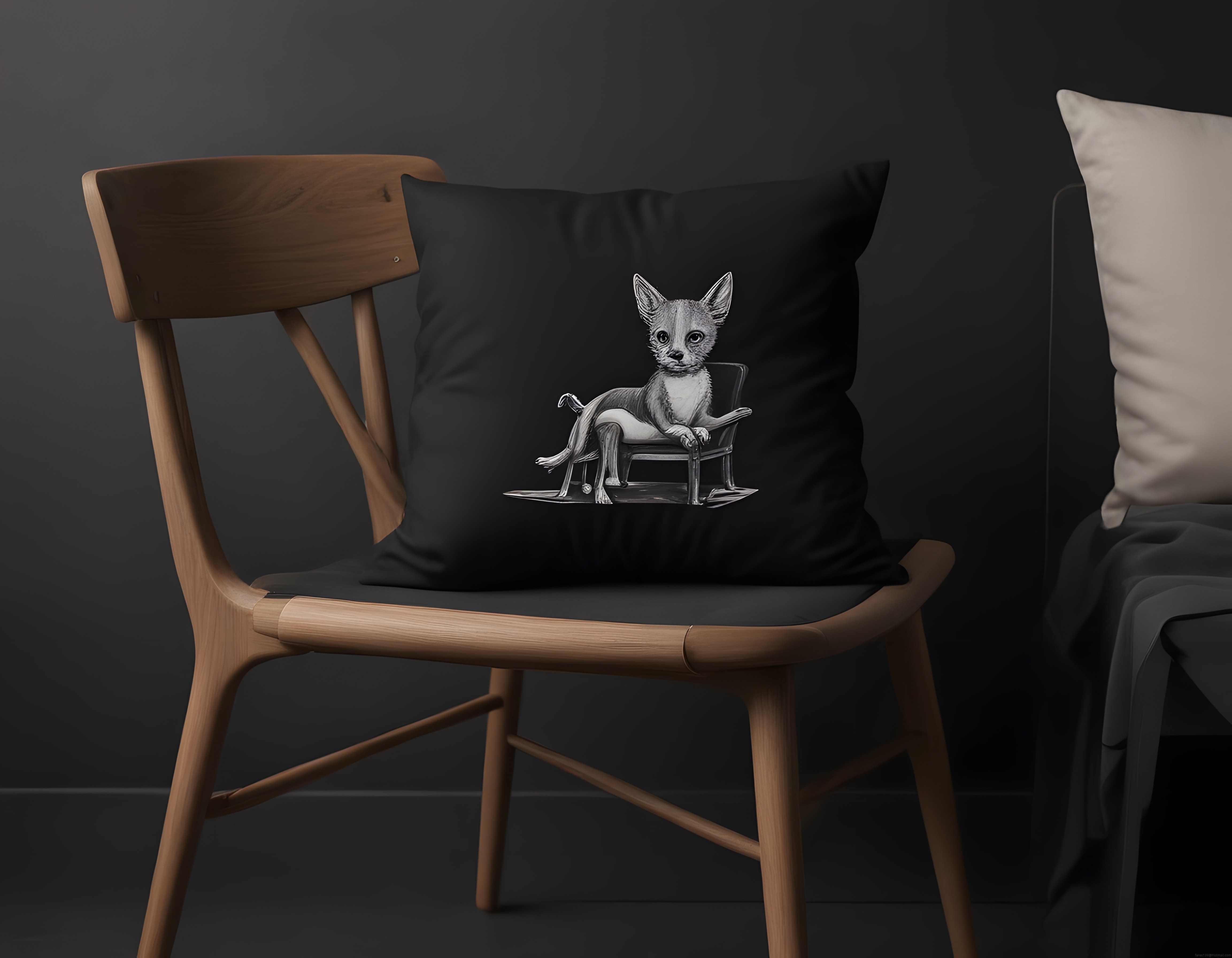Ahşap sandalyede siyah yastık üzerinde oturan köpek çizimi ve minimalist dekor