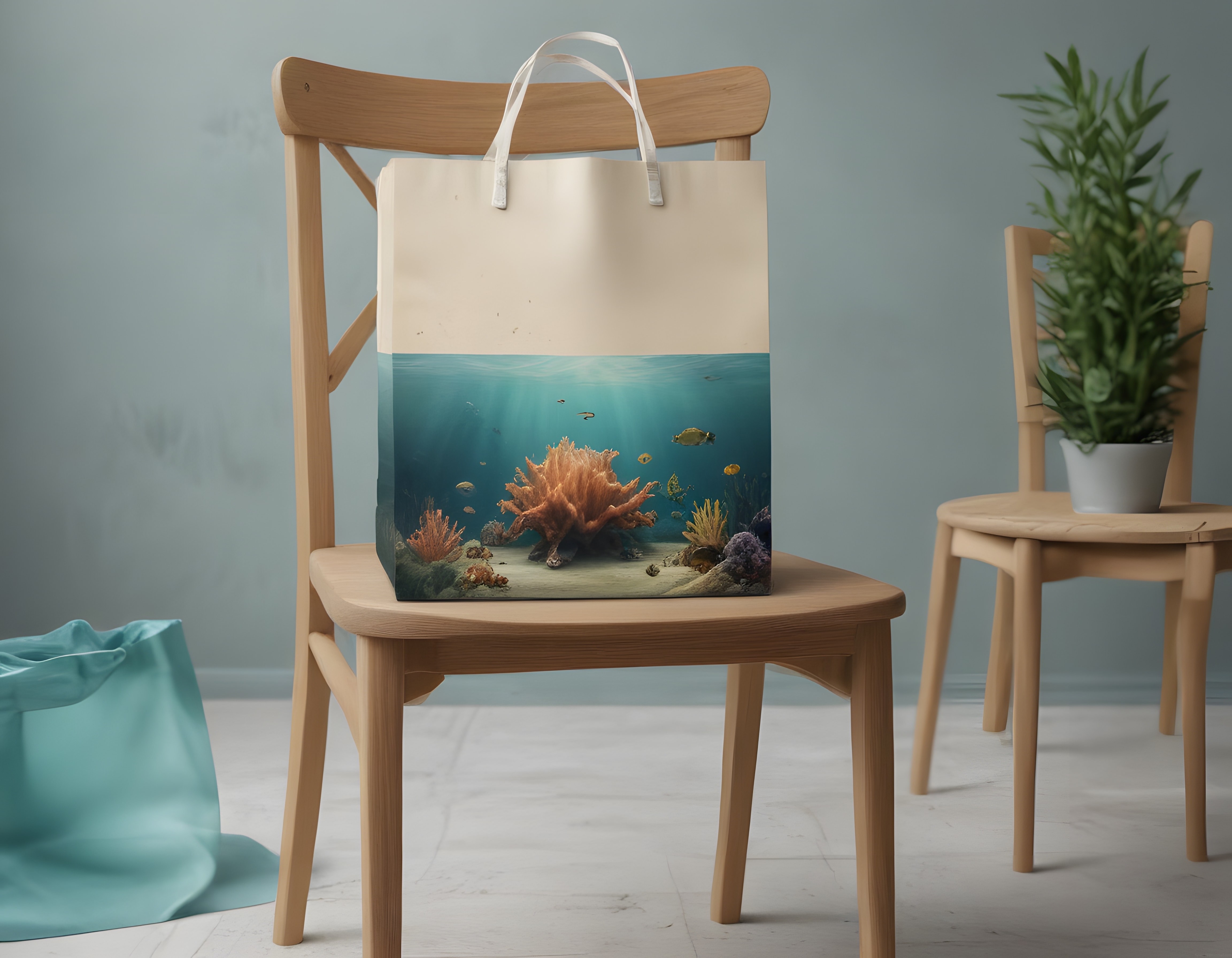 Ahşap Sandalyede Sualtı Mercan Baskılı Bez Çanta ve Minimal Salon Dekoru