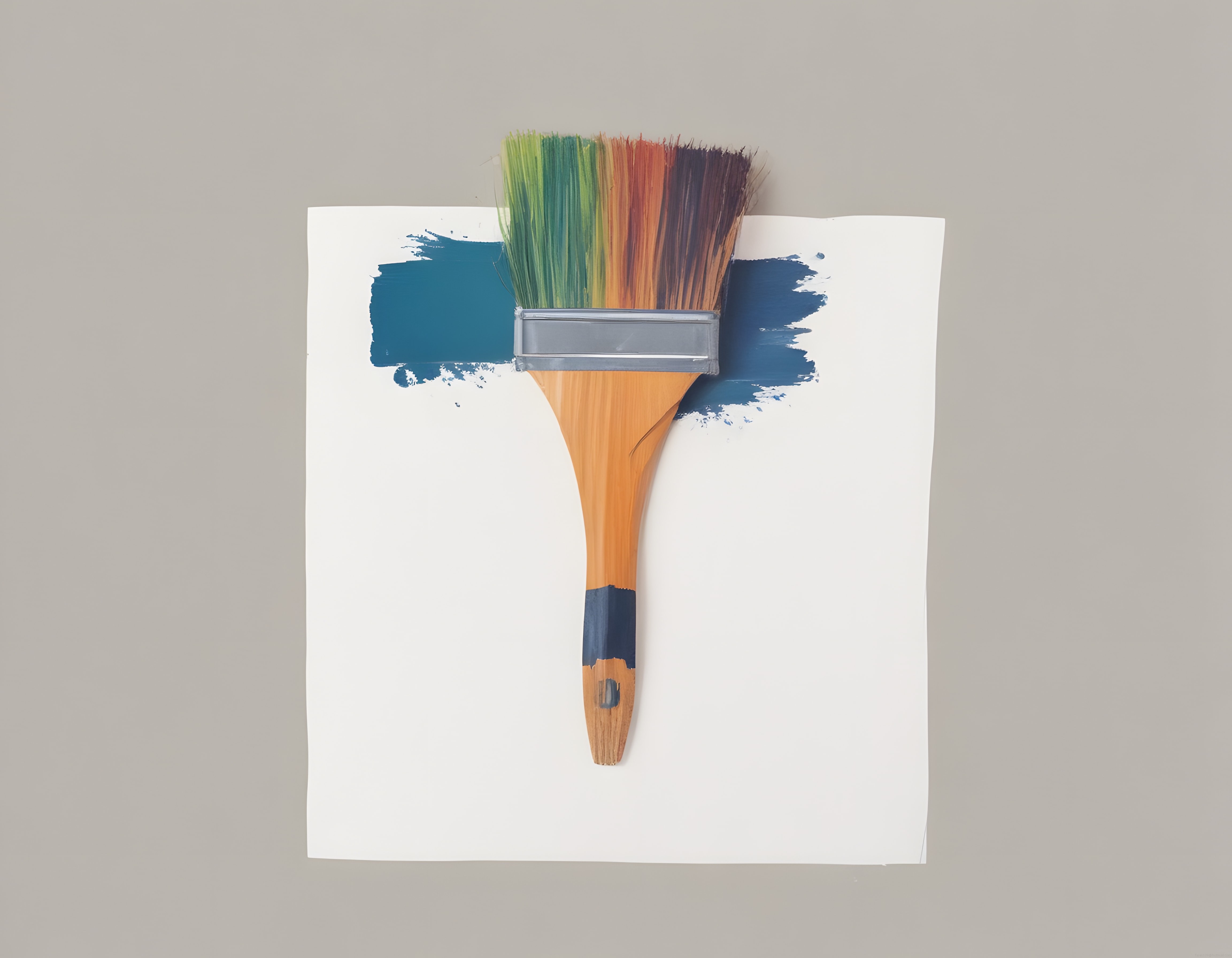 ahşap saplı gökkuşağı fırça ve mavi boya lekeli minimalist sanat kompozisyonu