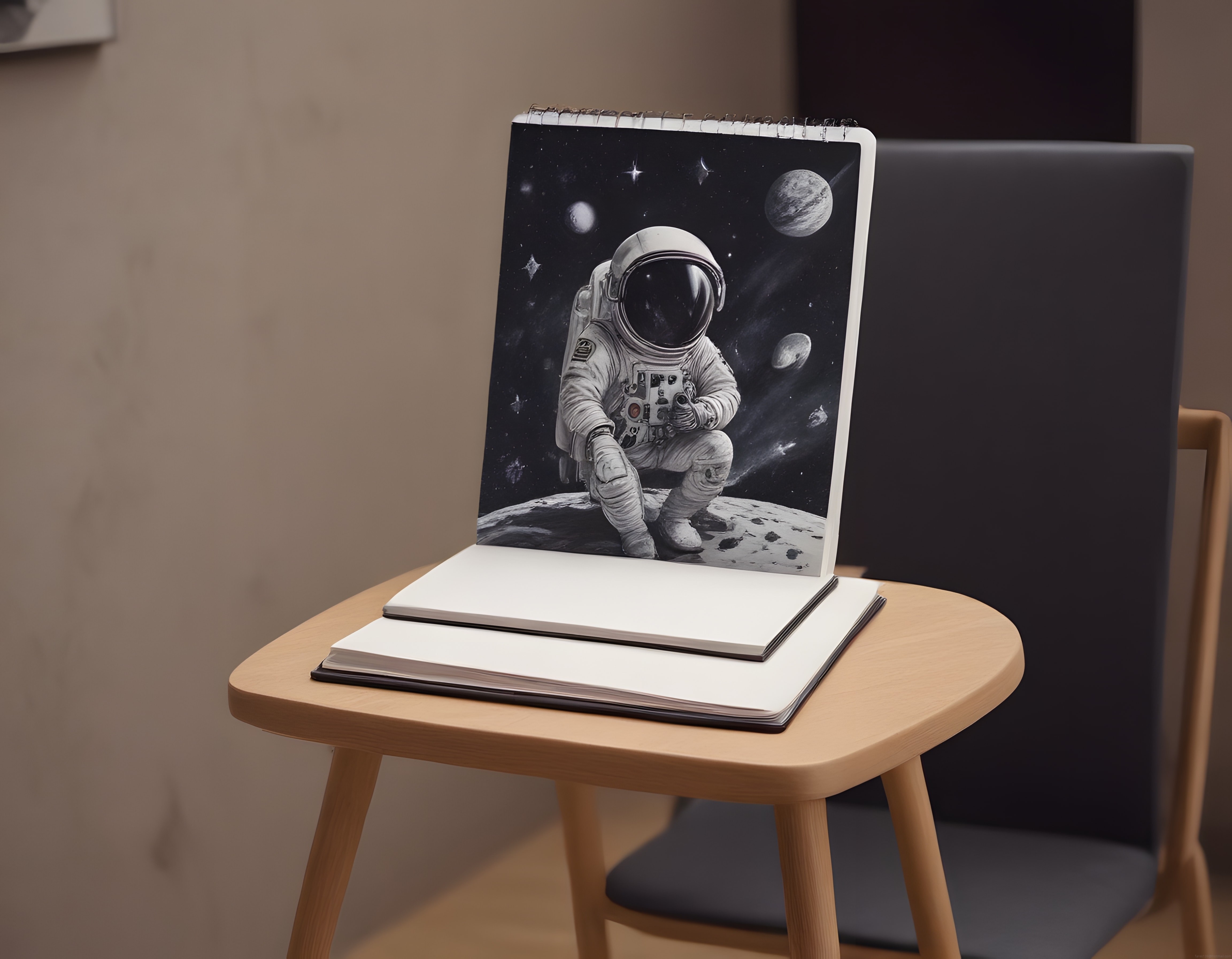 Ahşap Sehpa Üzerinde Spiralli Astronot Tasarımlı Ajanda ve Defterler