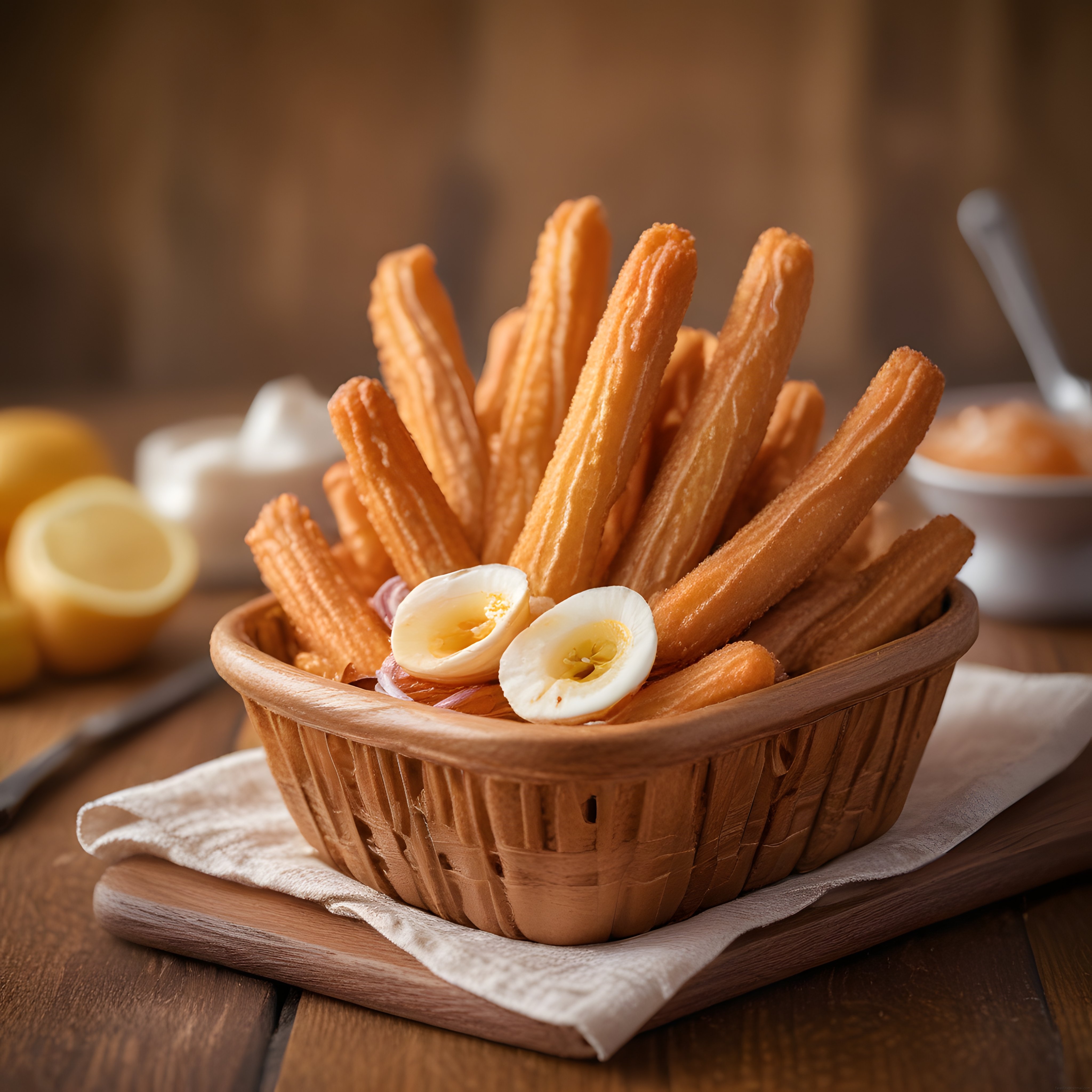 ahşap sepette çıtır churros ve haşlanmış yumurta ile rustik kahvaltı
