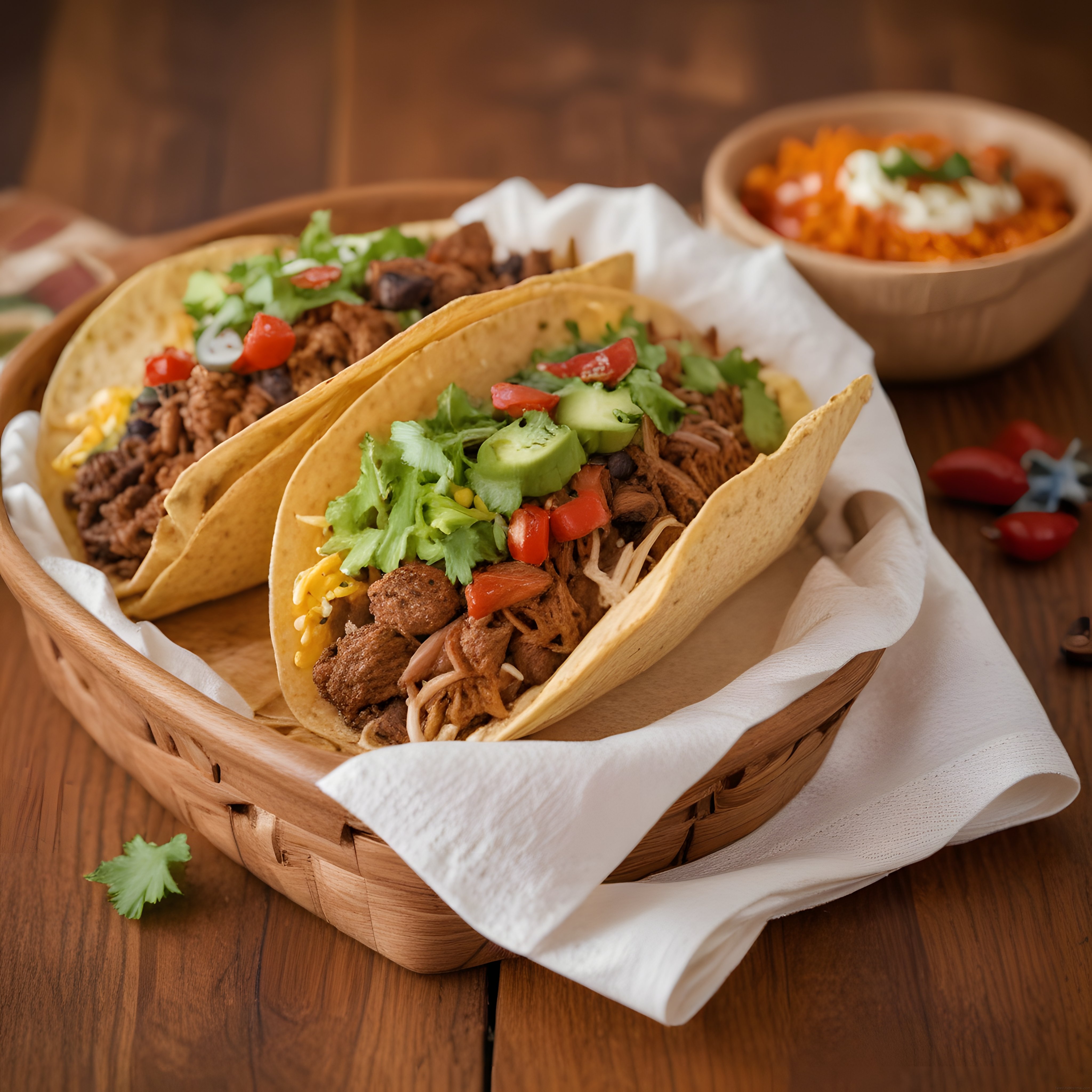 Ahşap Sepette Ev Yapımı Meksika Tacos: Taze Malzemelerle Lezzet Dolu Bir Sunum