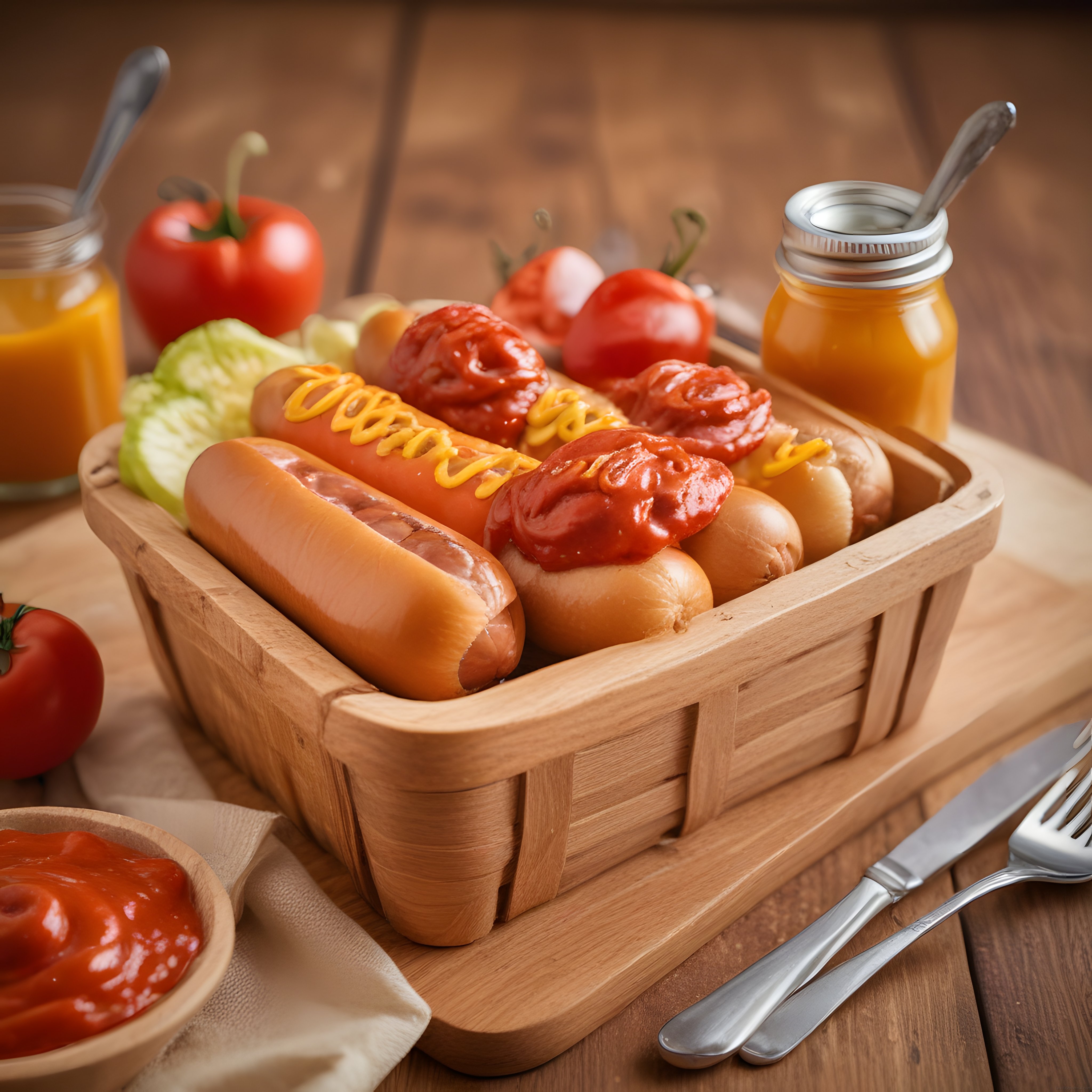 Ahşap Sepette Ketçap ve Hardallı Sosisli Hot Dog Büyüleyici Sunum