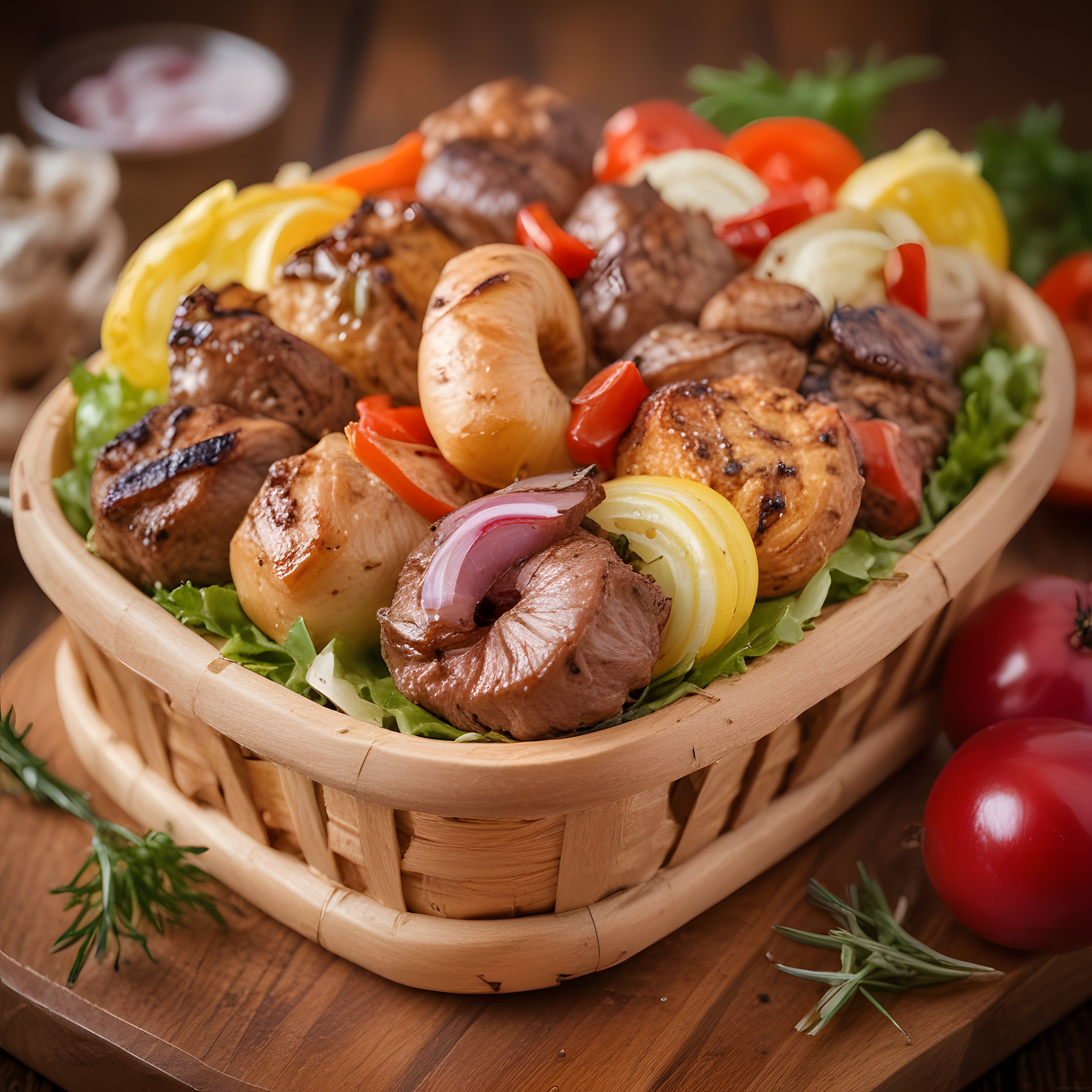 Ahşap Sepette Limon ve Renkli Sebzelerle Süslenmiş Nefis Izgara Et Tabağı