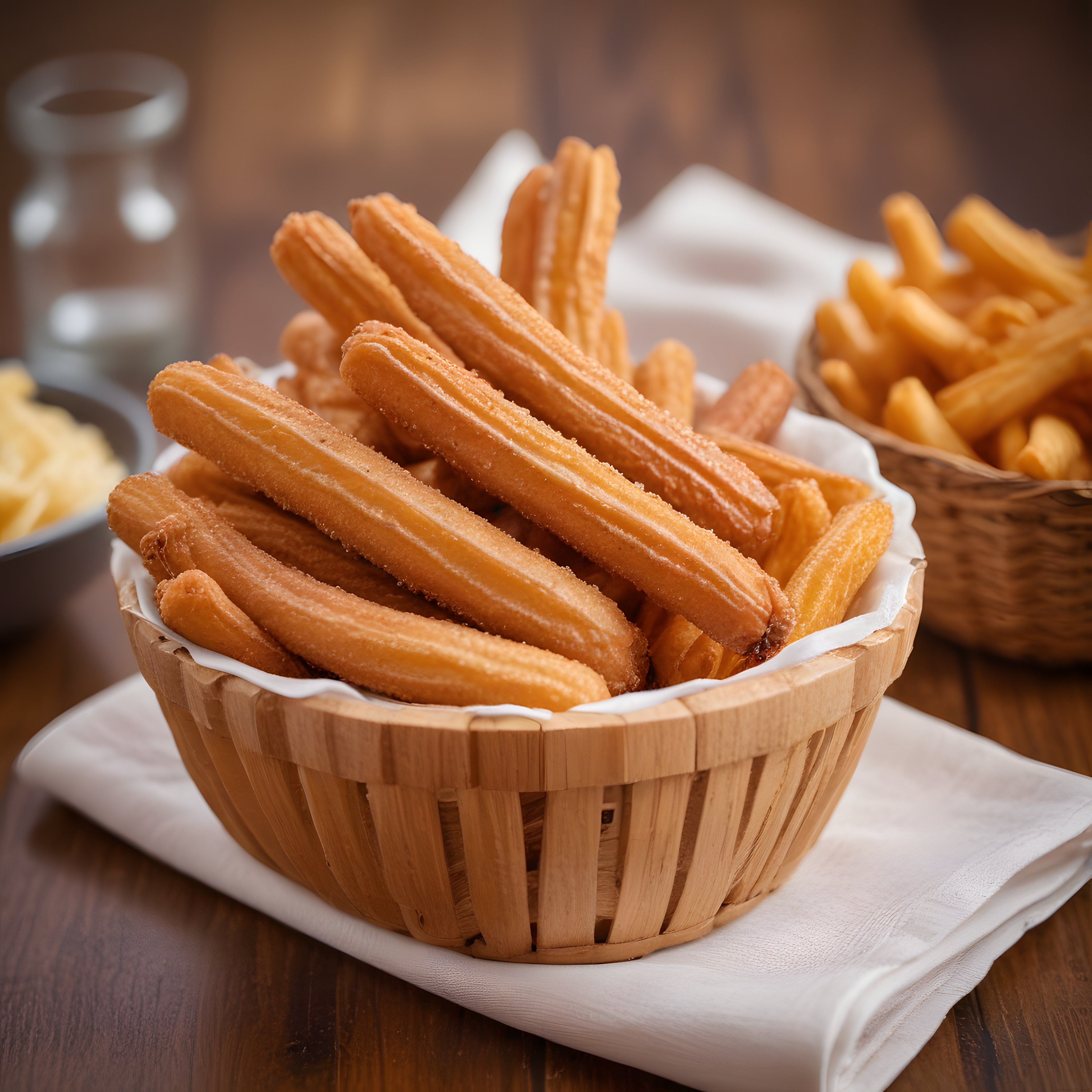 Ahşap Sepette Taze Churros ve Yanındaki Patates Kızartması ile Sıcak Sunum