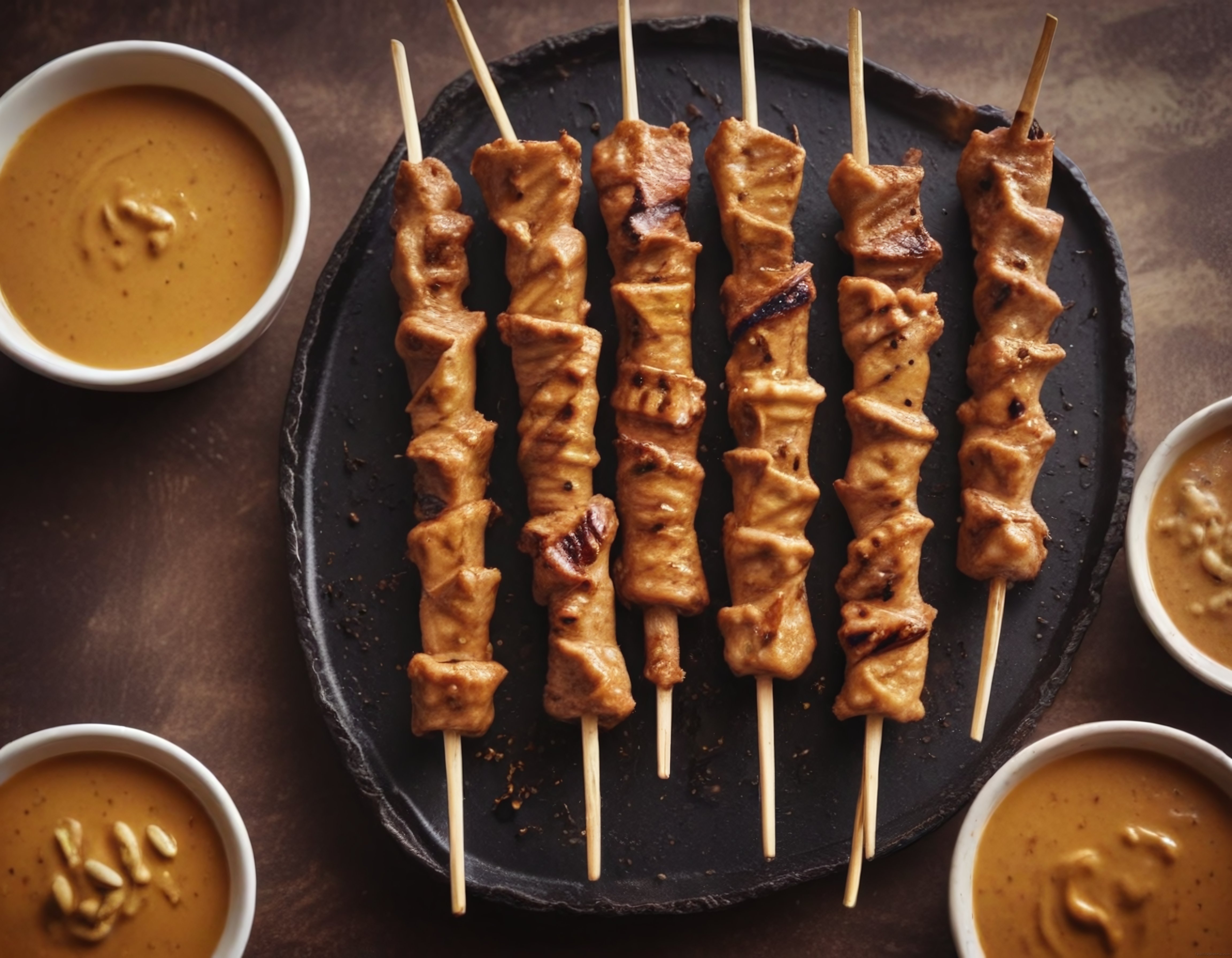 Ahşap şişlerde ızgara edilmiş tavuk satay ve fıstık ezmeli sos ile rustik masa düzeni