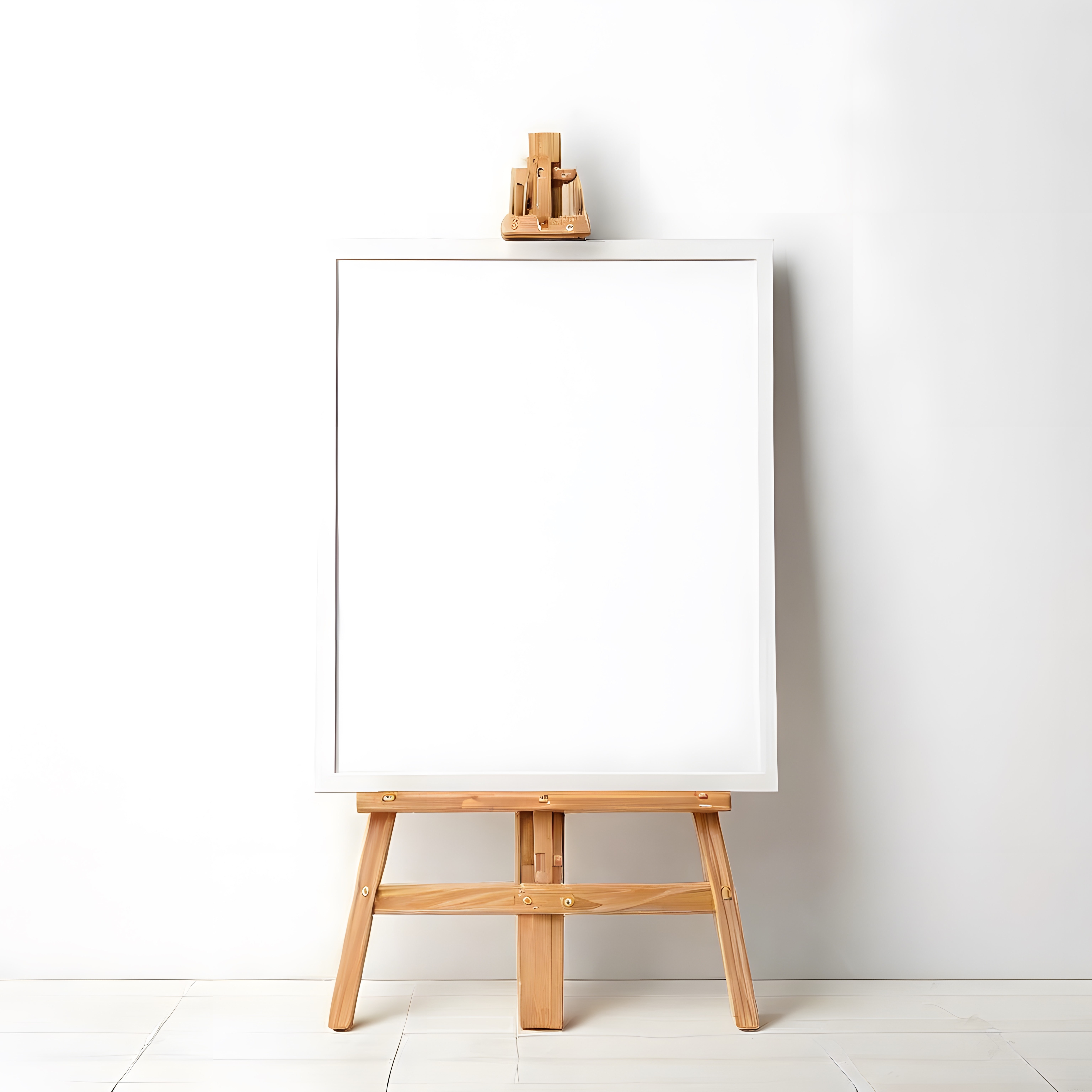 Ahşap Şövale Üzerinde Beyaz Çerçeveli Boş Tuval ve Minimalist Ortam