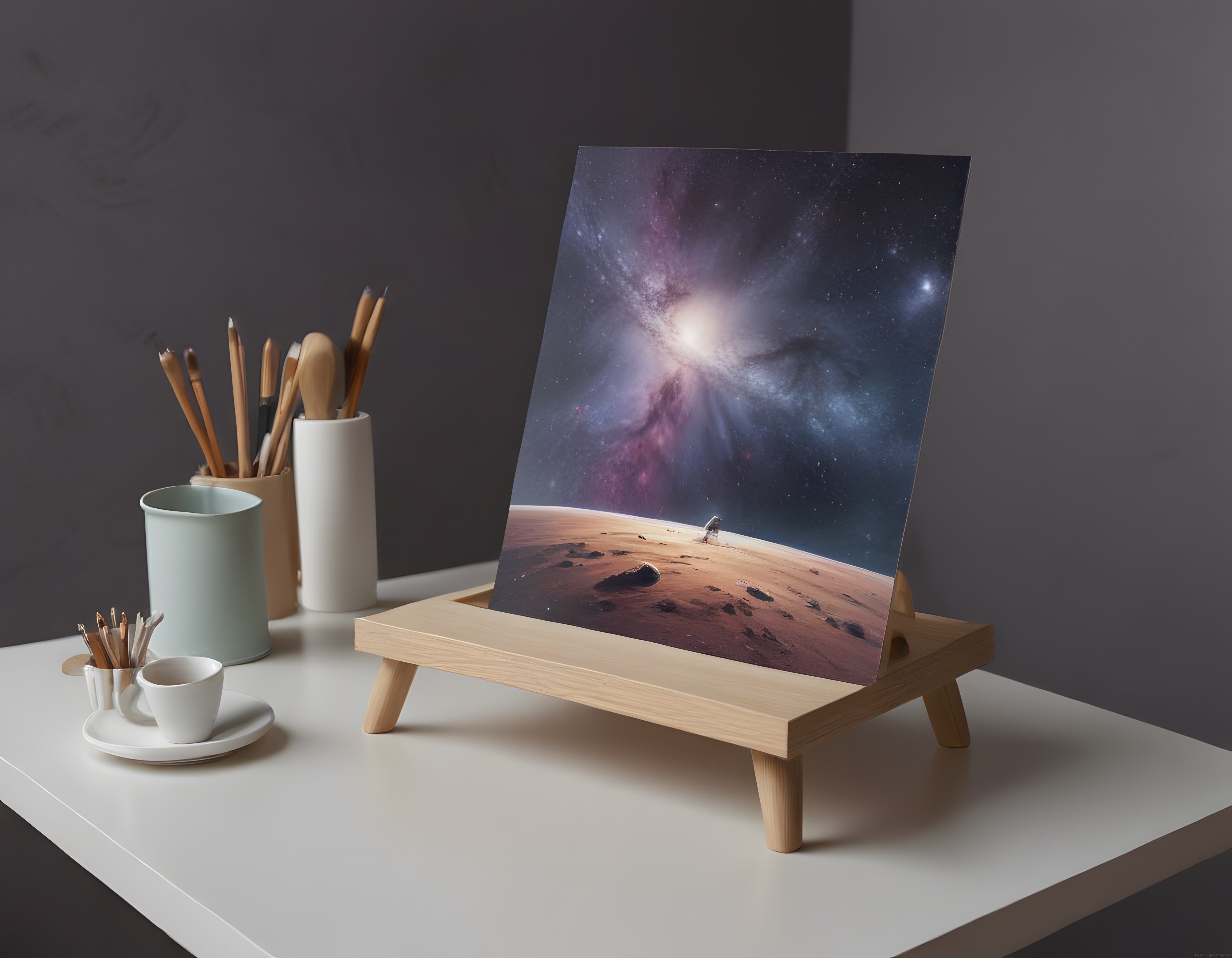 Ahşap Şövale Üzerinde Galaksi Manzaralı Dijital Sanat ve Masa Düzeni