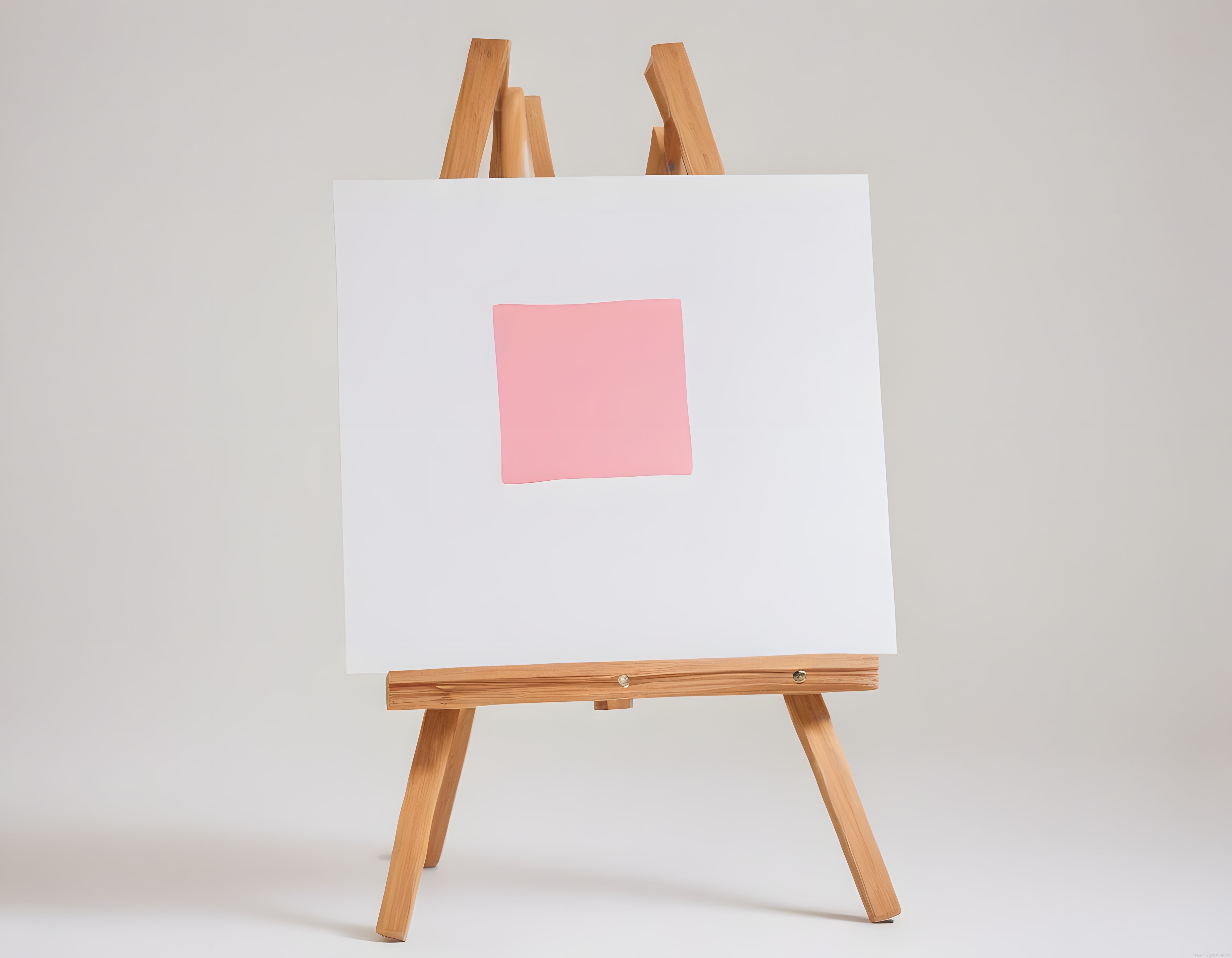 Ahşap Şövale Üzerinde Minimalist Pembe Kare Detaylı Beyaz Tuval Tablosu