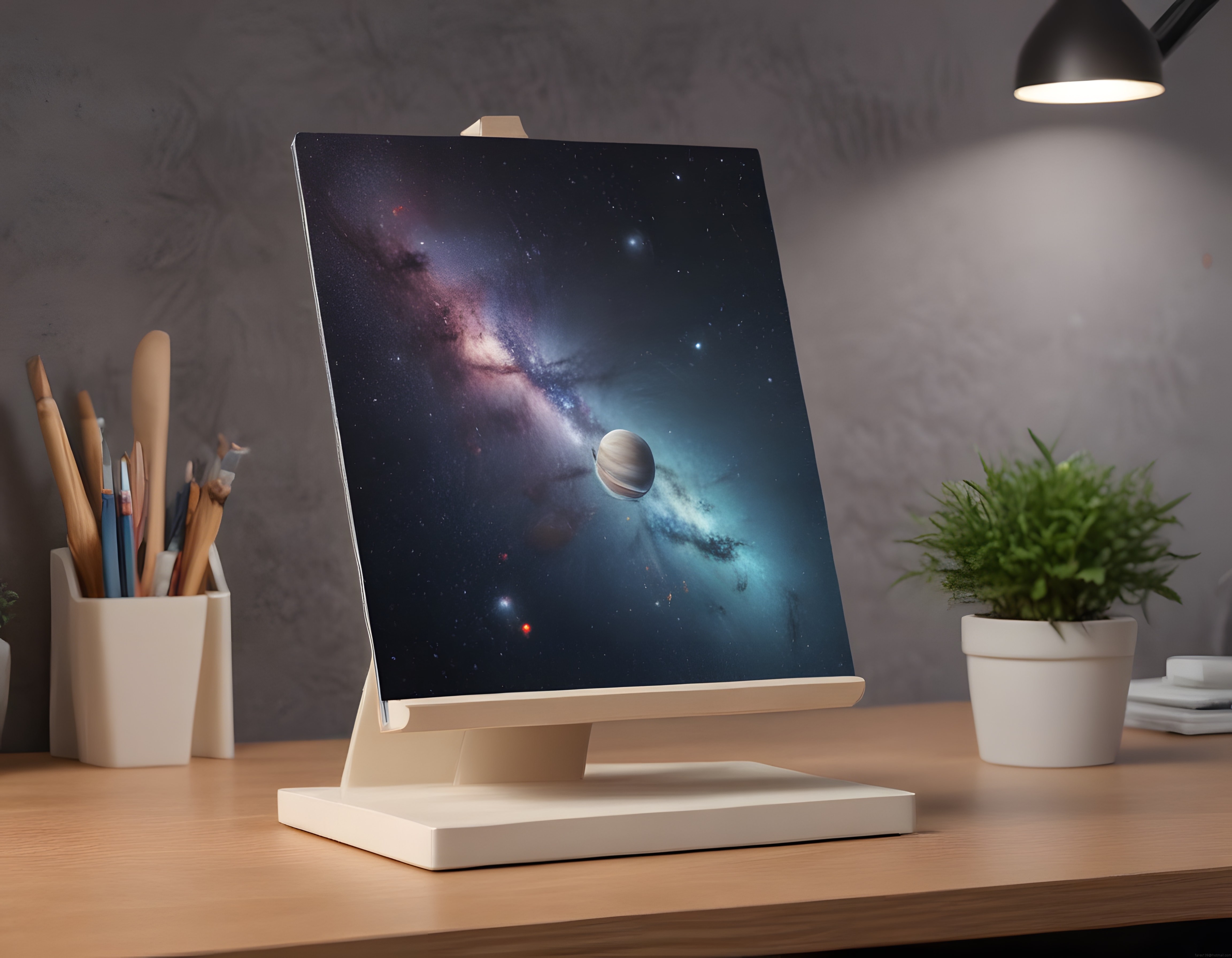 Ahşap şövalede sergilenen satürn ve galaksili kozmik sanat kanvas tablo