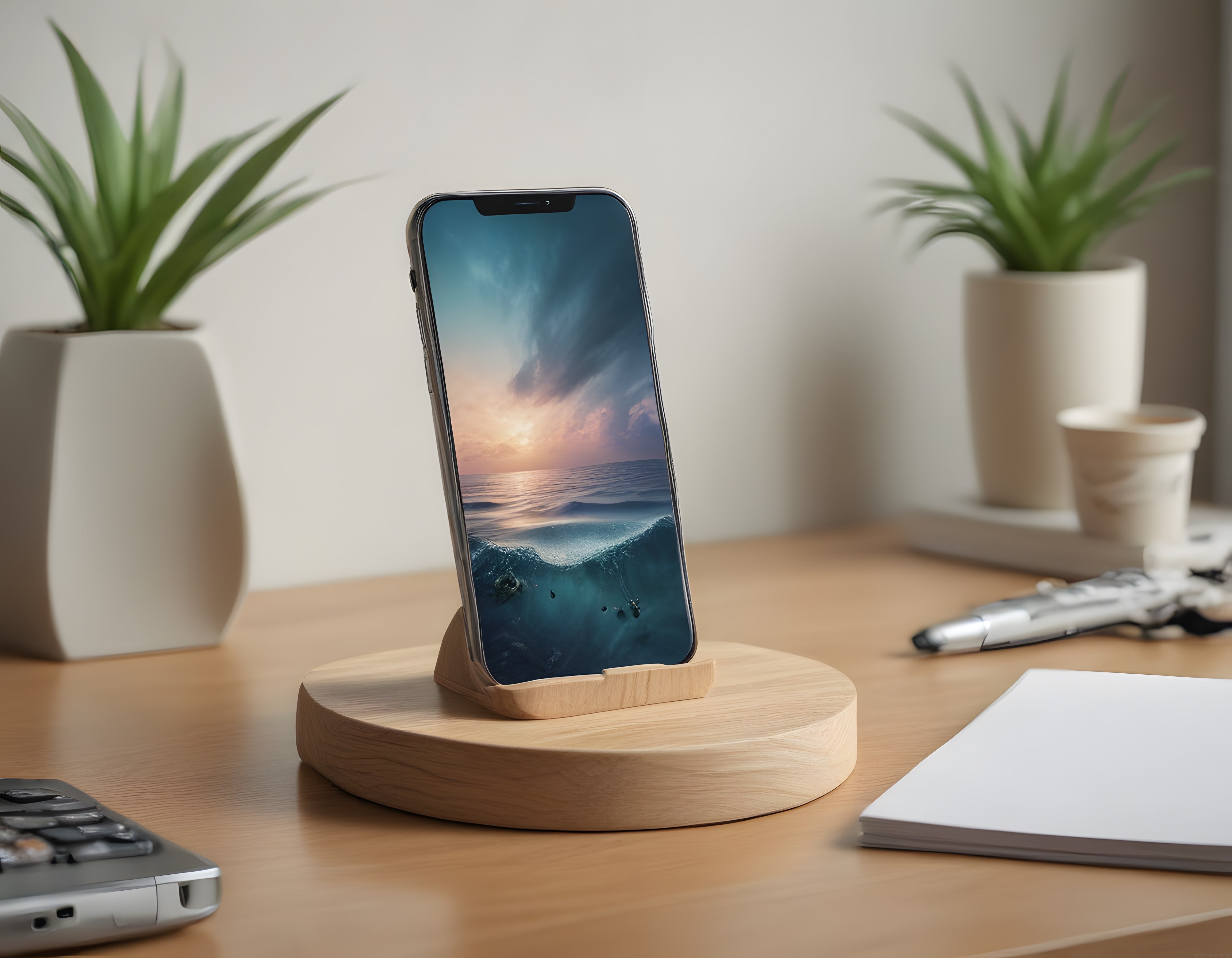 Ahşap Stand Üzerinde Akıllı Telefon ve Okyanus Manzarası Duvar Kağıdı
