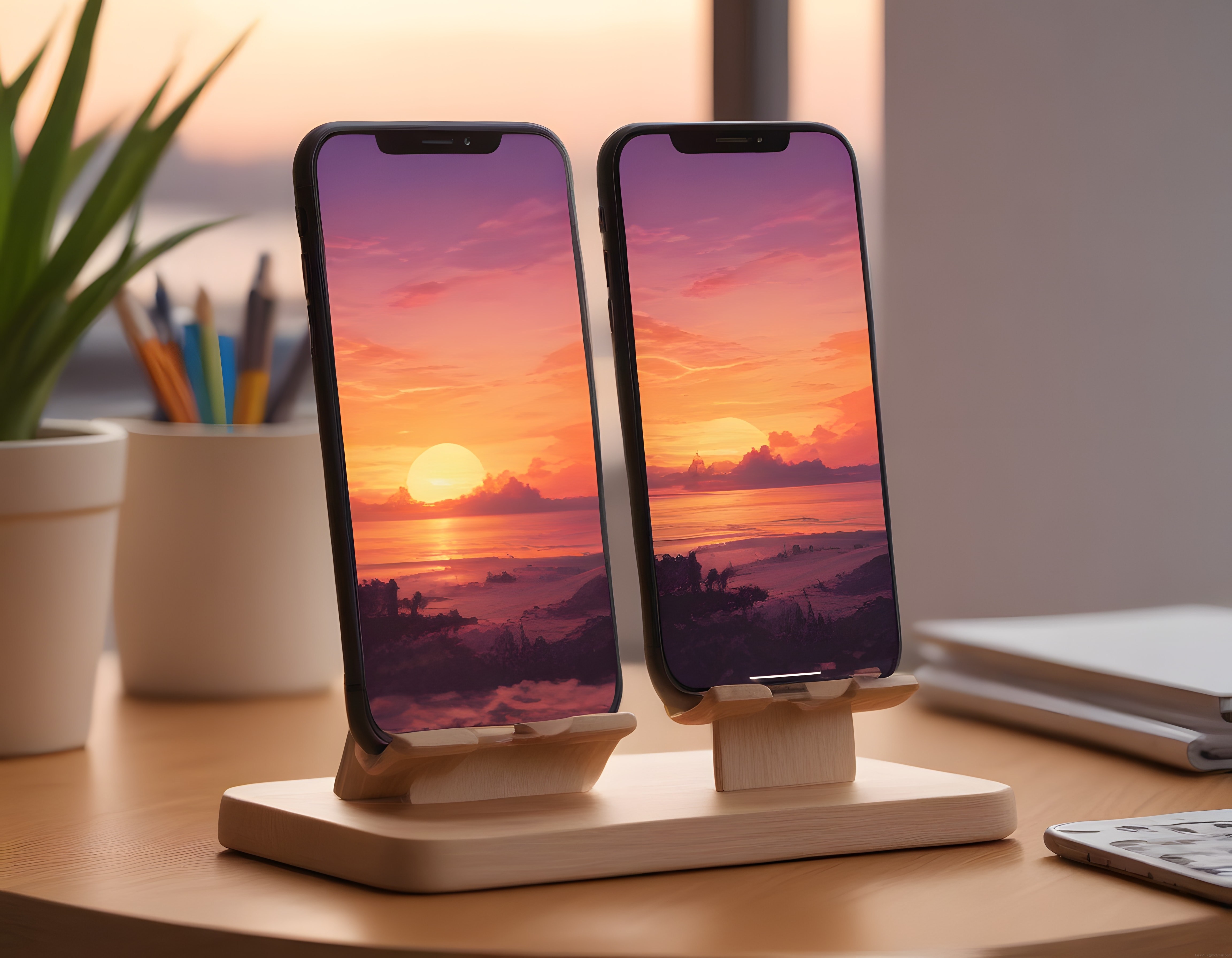Ahşap Stand Üzerinde İki Telefon ve Ekrandaki Gün Batımı Duvar Kağıdı