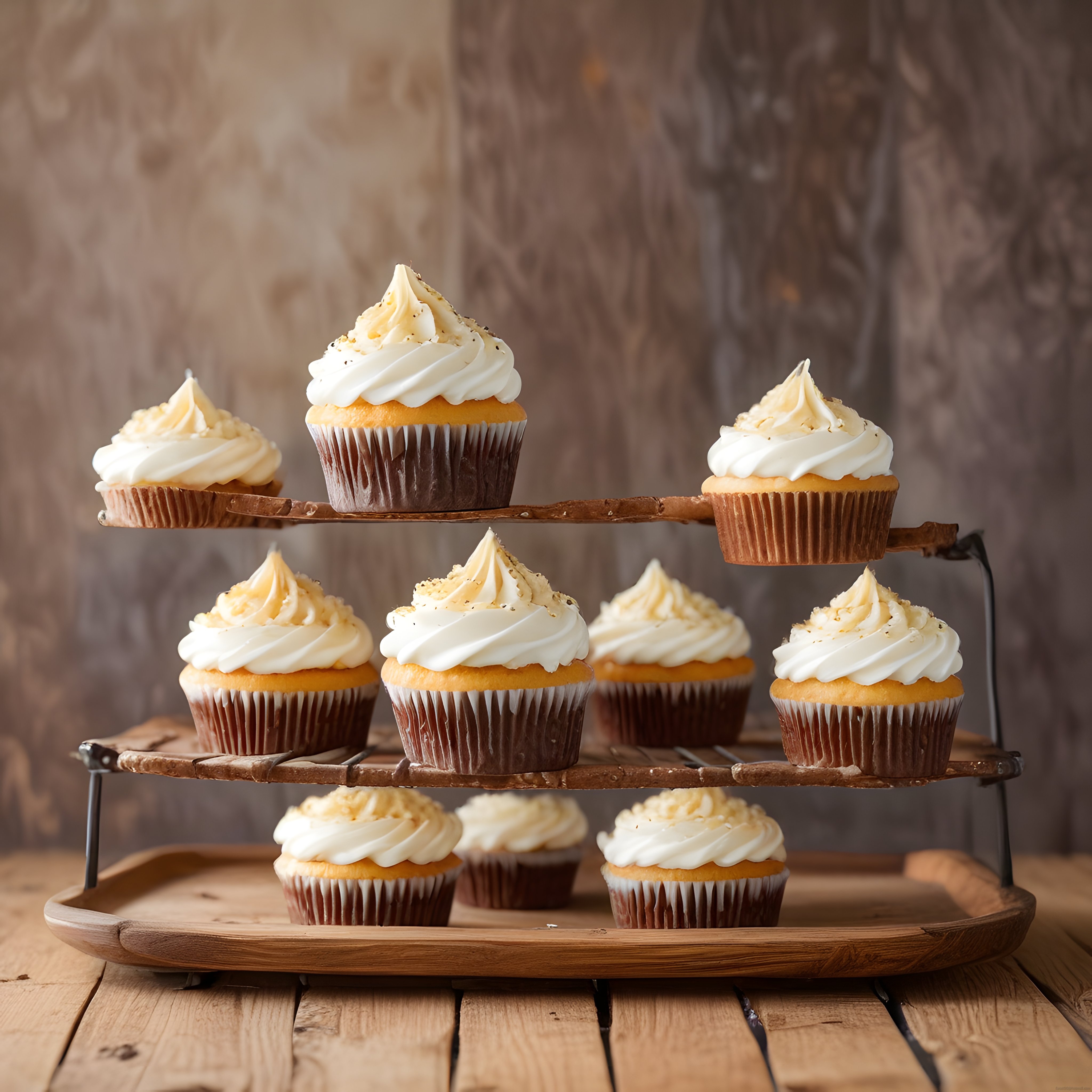 Ahşap Stand Üzerinde Kremalı Vanilya Cupcake ve Tatlı Sunumu