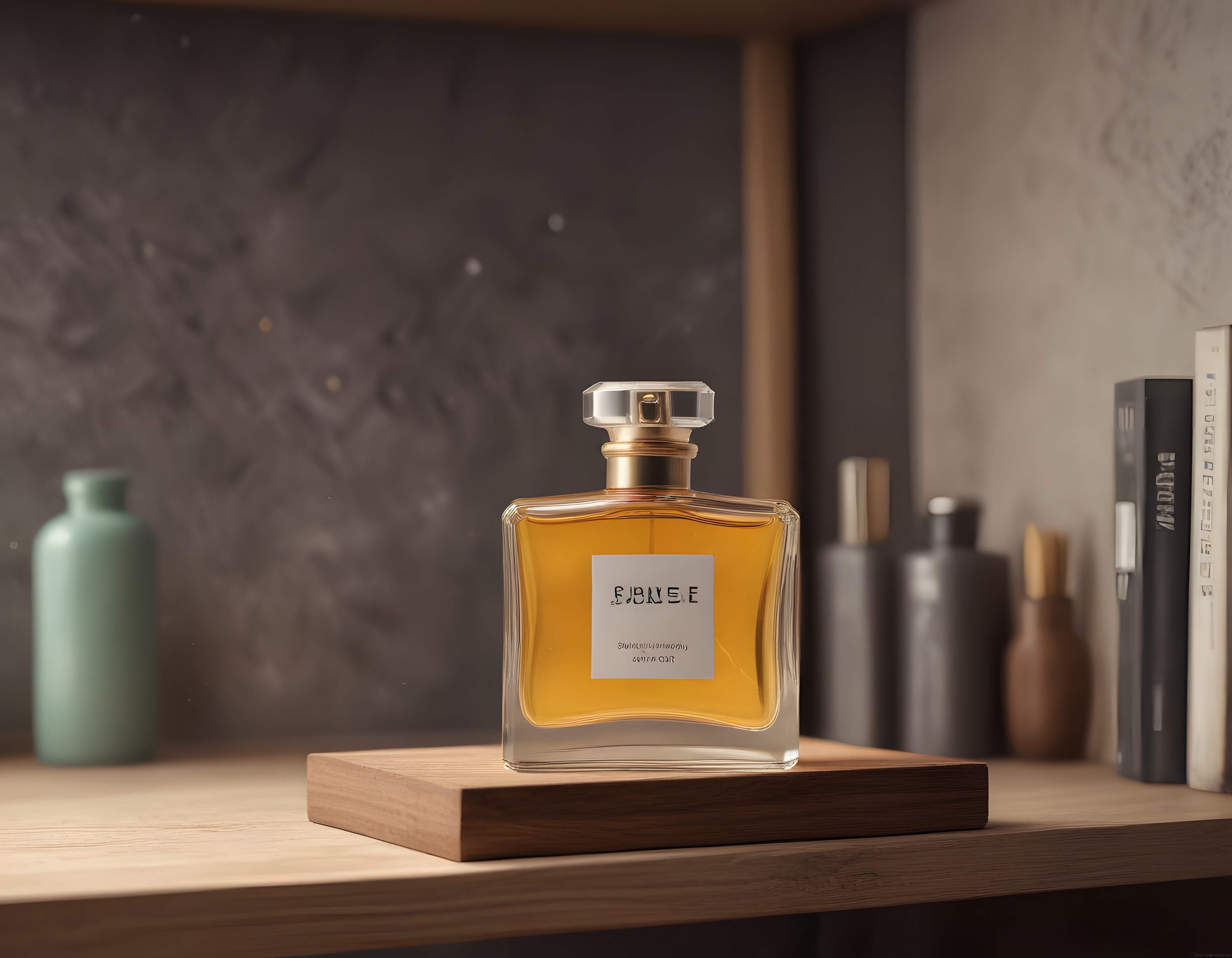 Ahşap Stand Üzerinde Lüks Amber Parfüm Şişesi ve Zarif Banyo Dekorasyonu