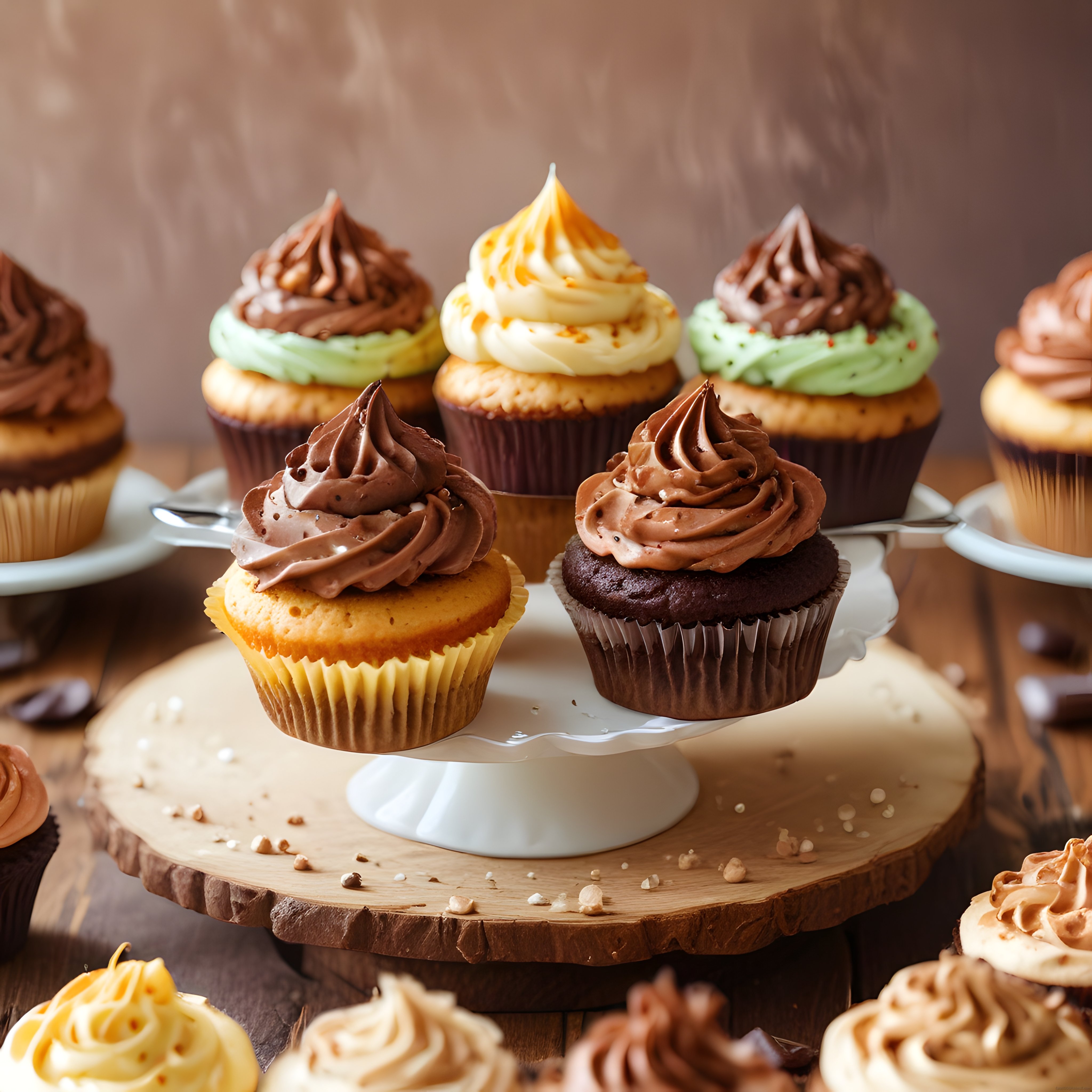 Ahşap Stand Üzerinde Renkli Kremalı Cupcake Çeşitleri ve Tatlı Sunumu