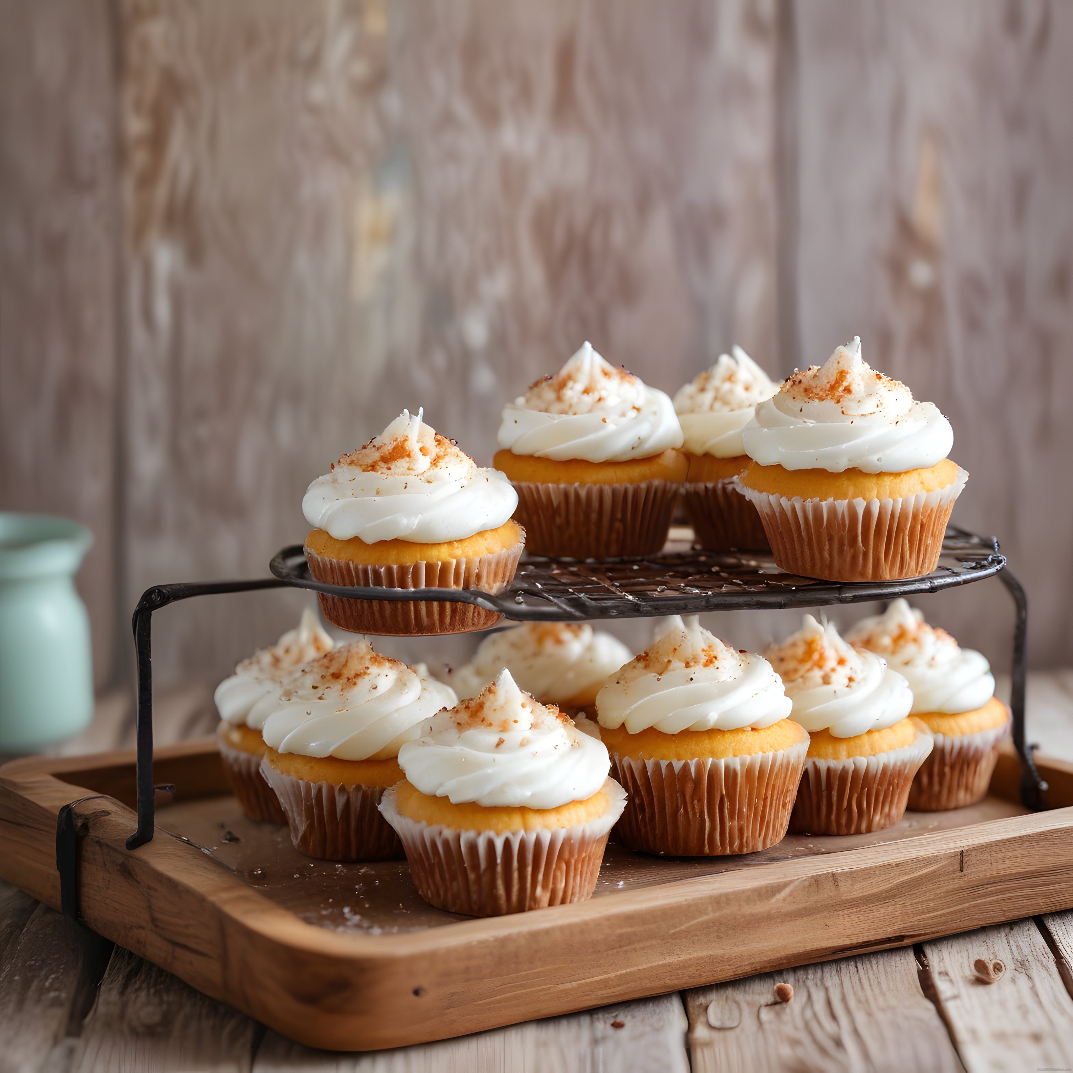 Ahşap Standda Beyaz Kremalı ve Serpintili Ev Yapımı Cupcake Sunumu
