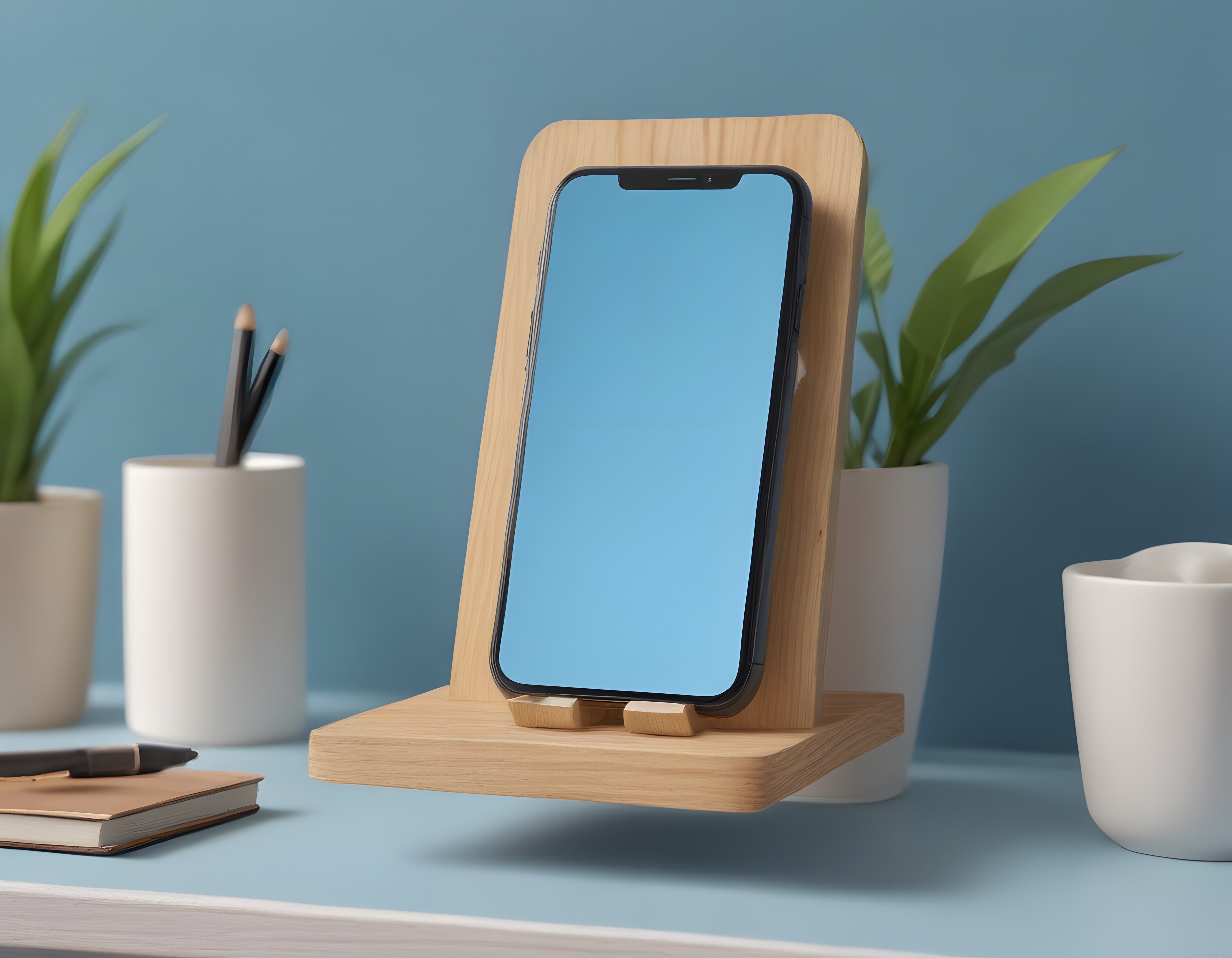 Ahşap standda boş ekranlı akıllı telefon ve çalışma masası düzeni