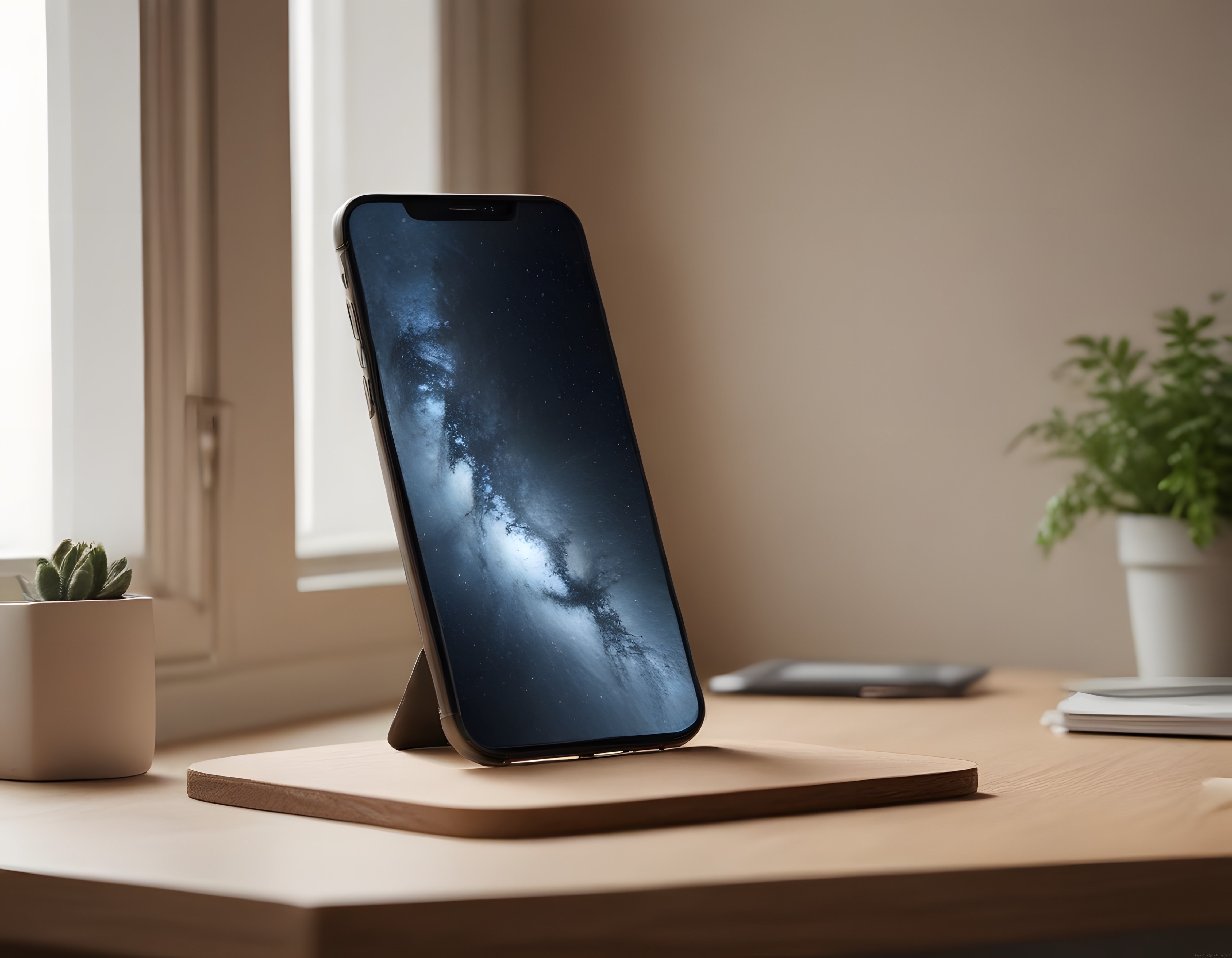 Ahşap standda galaksi ekranlı akıllı telefon ve minimalist çalışma alanı dekorasyonu