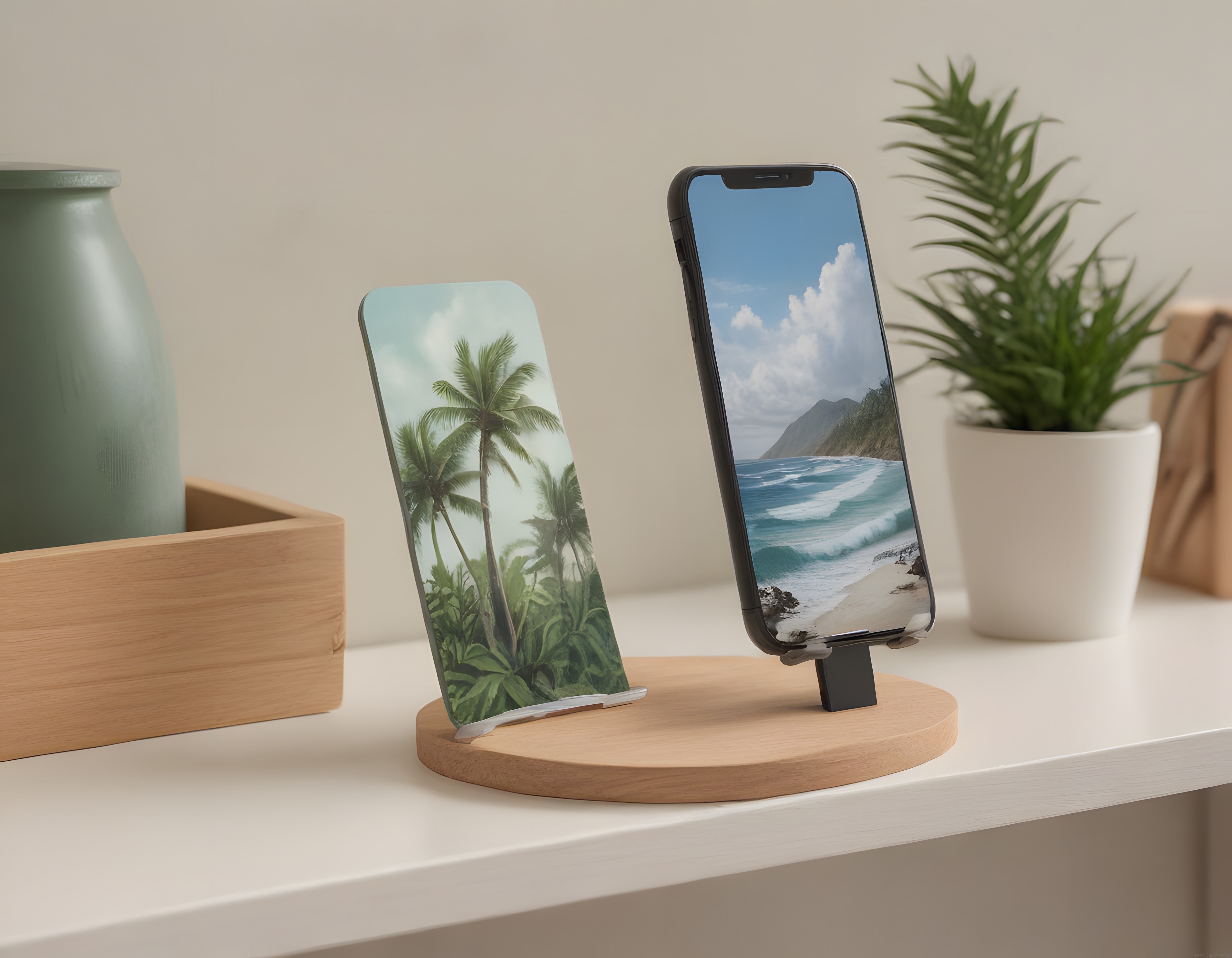 Ahşap Standda İki Akıllı Telefon ve Tropikal Manzara Duvar Kağıtları