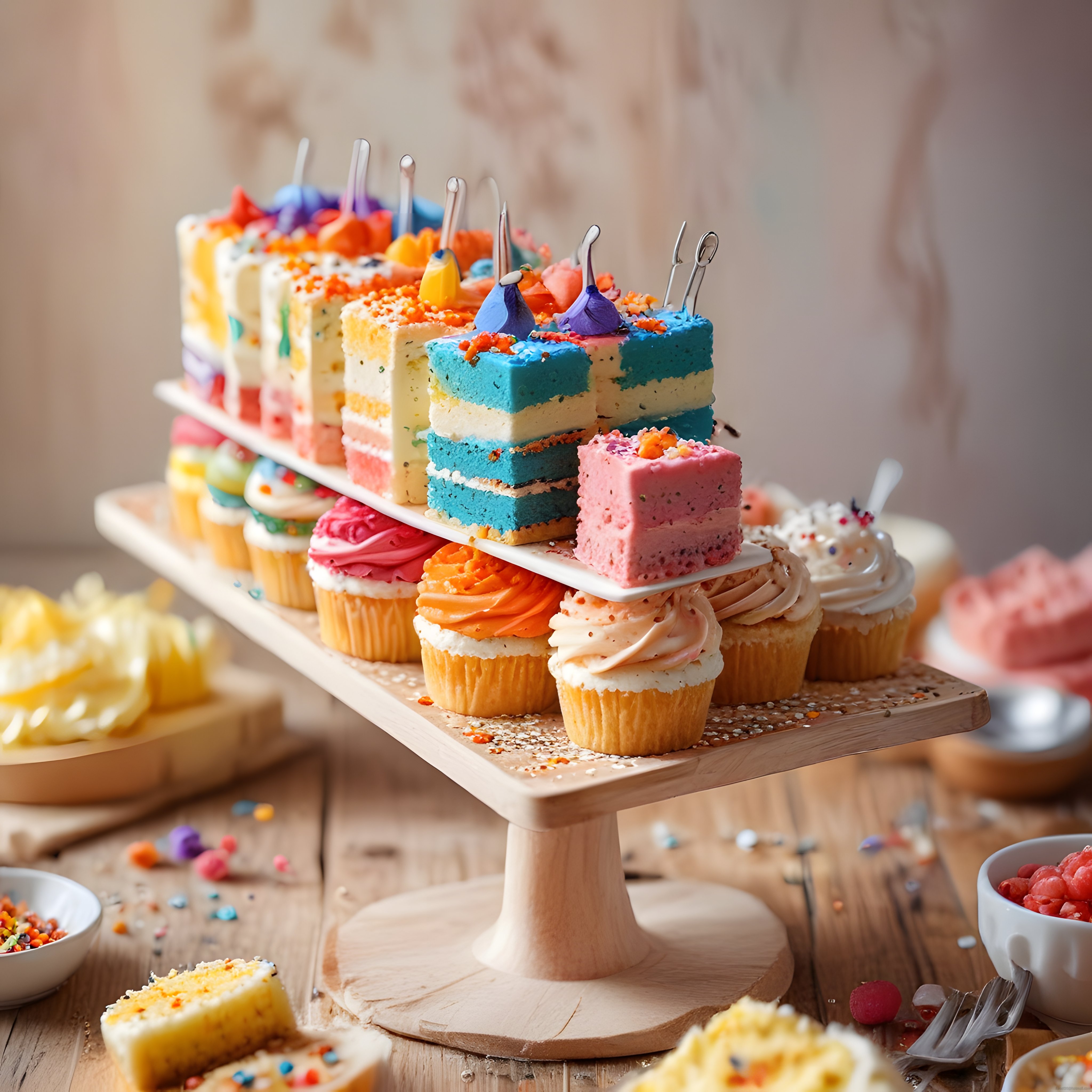 Ahşap Standda Renkli Pasta Dilimleri ve Süslü Cupcake'lerle Şirin Tatlı Masası