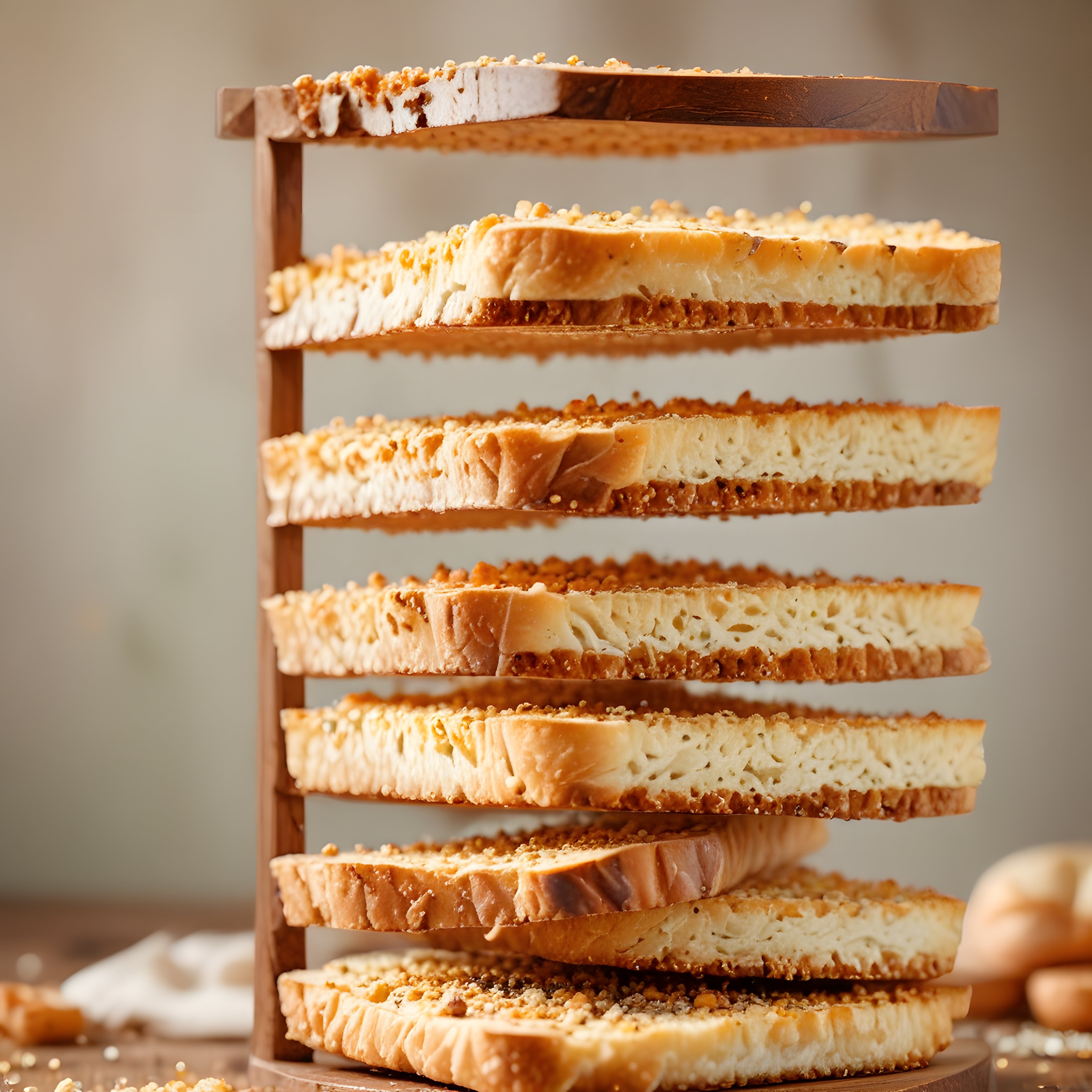 Ahşap Standda Taze Dilimlenmiş Yumuşak Tost Ekmekleri ve Susam Detayları