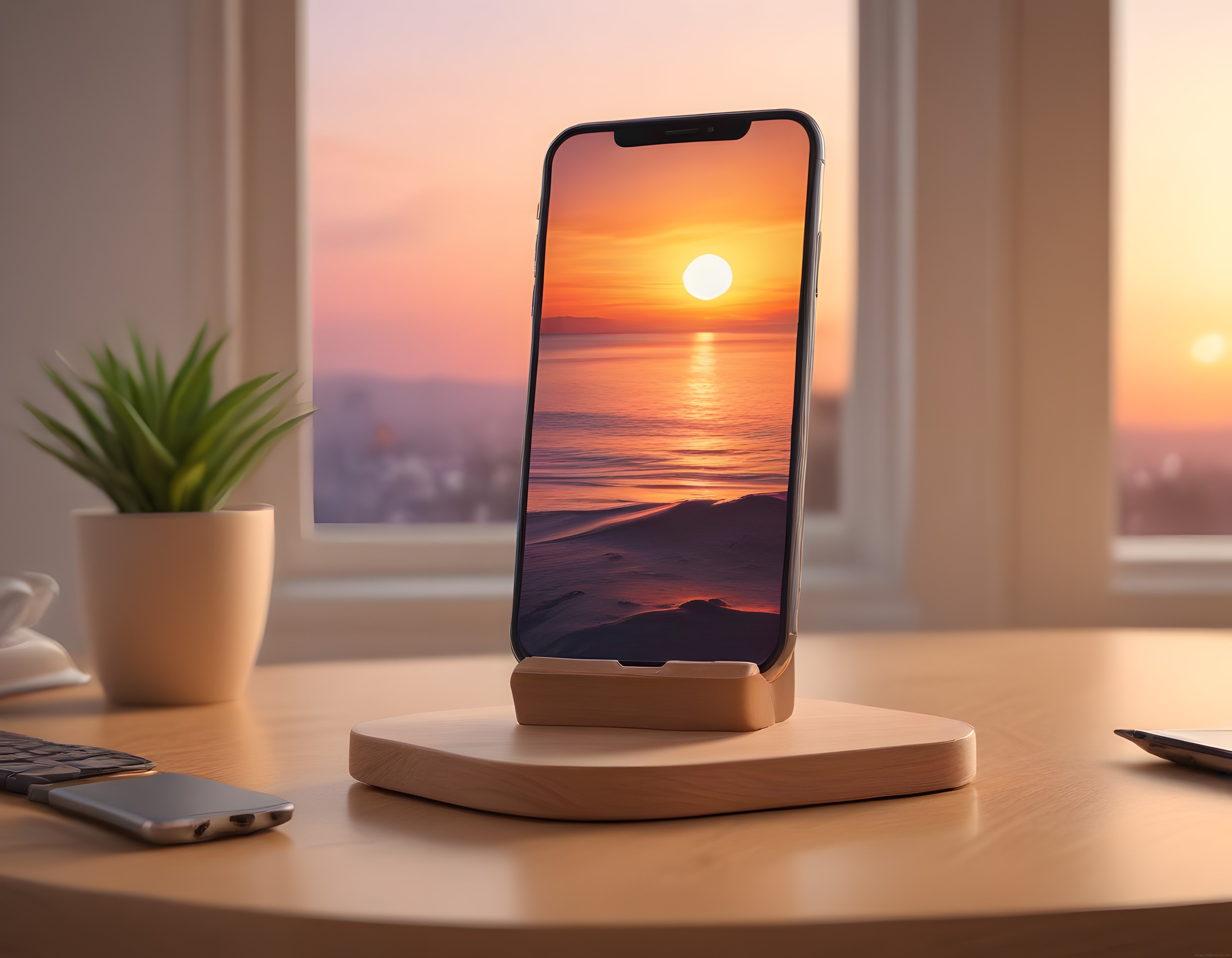 Ahşap standda telefon ve gün batımı ekran görüntüsü ile sıcak ofis ortamı