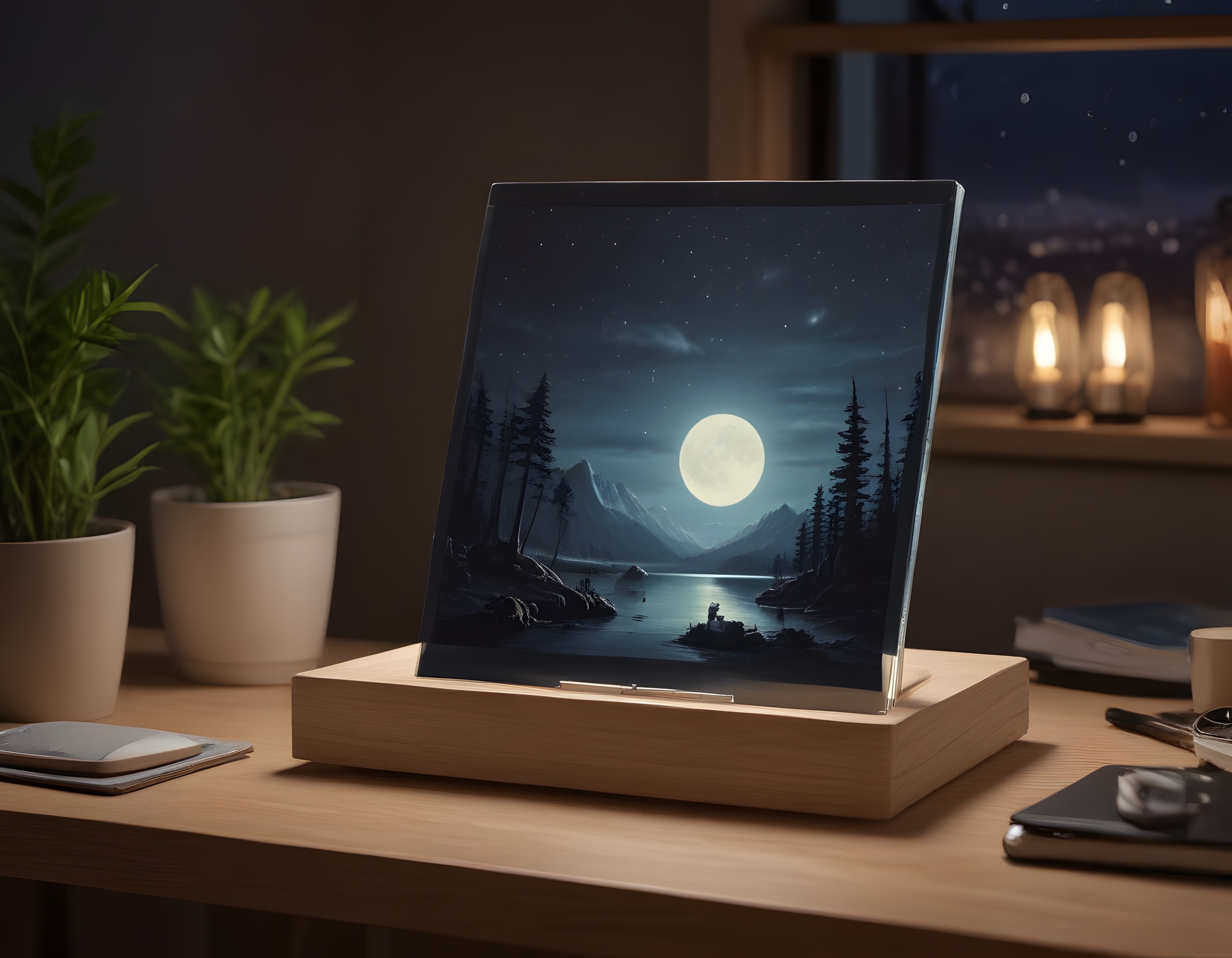 Ahşap Standlı LED Gece Lambası ve Göl Manzaralı Dekoratif Akrilik Işık Panosu