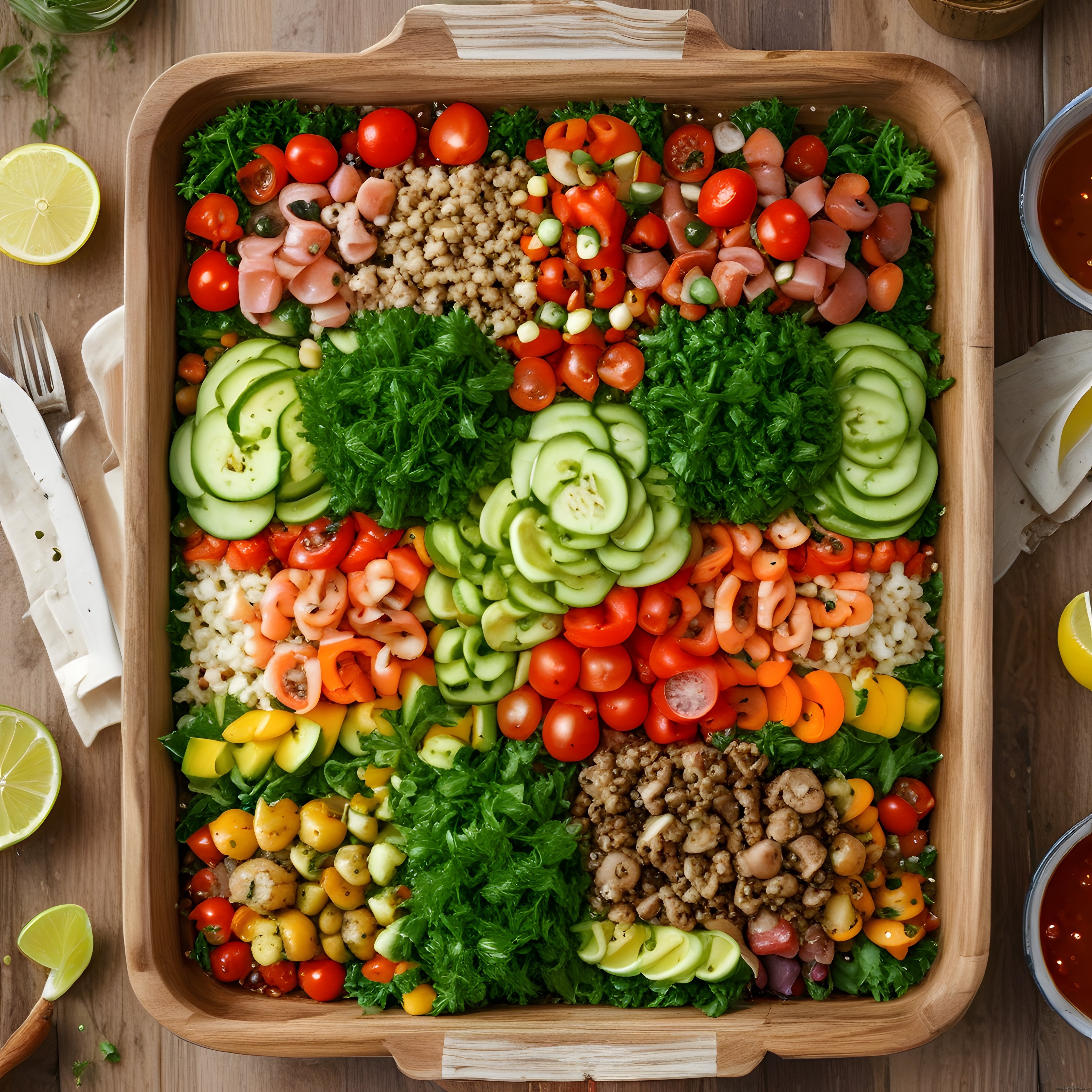 Ahşap Sunum Kabında Deniz Ürünlü Tahıl ve Sebzeli Sağlıklı Salata